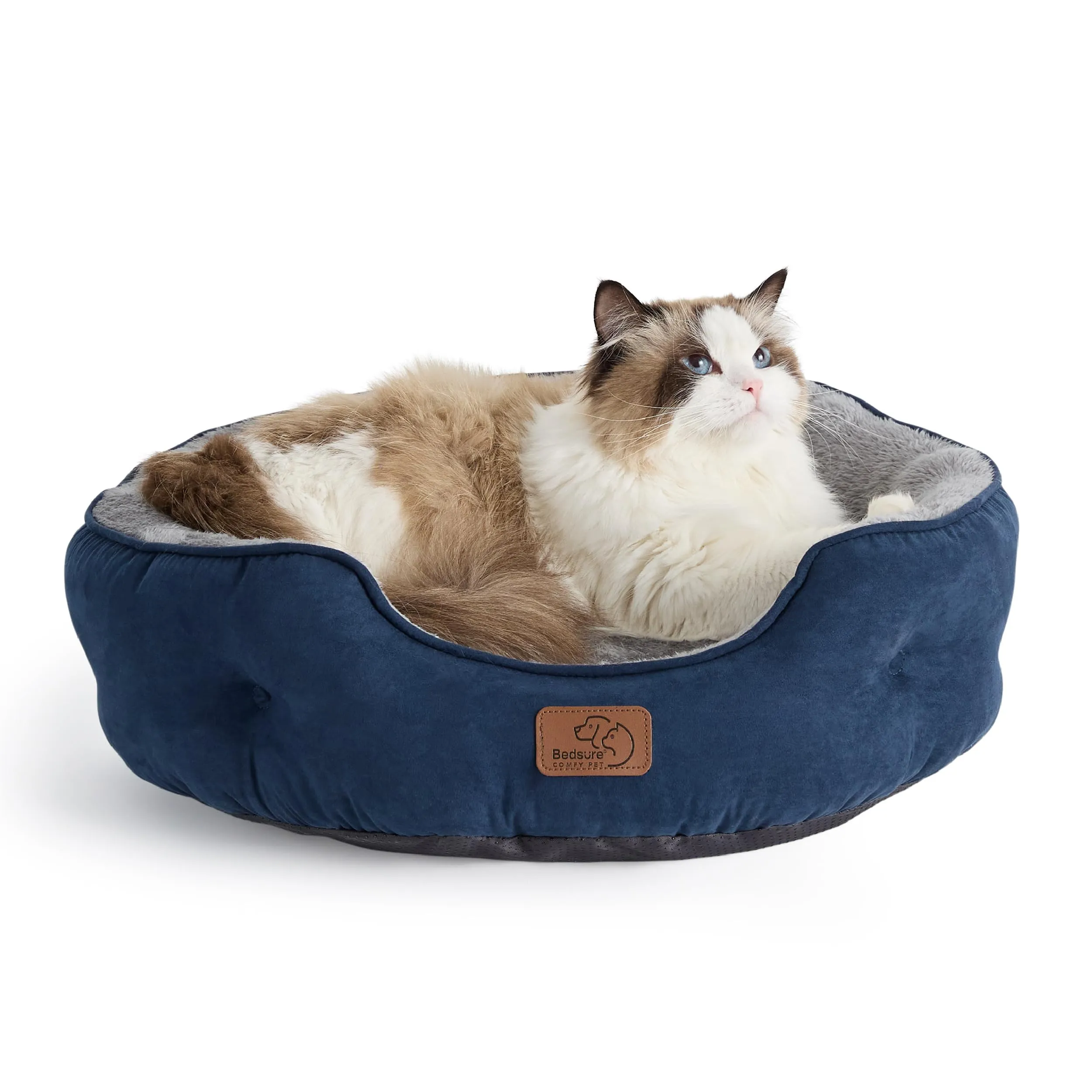 Bedsure Letto per Cani e Gatti Rotondo, Lavabile con Fondo Antiscivolo, Blu scuro, 51 x 48 x 15 cm - immagine 2
