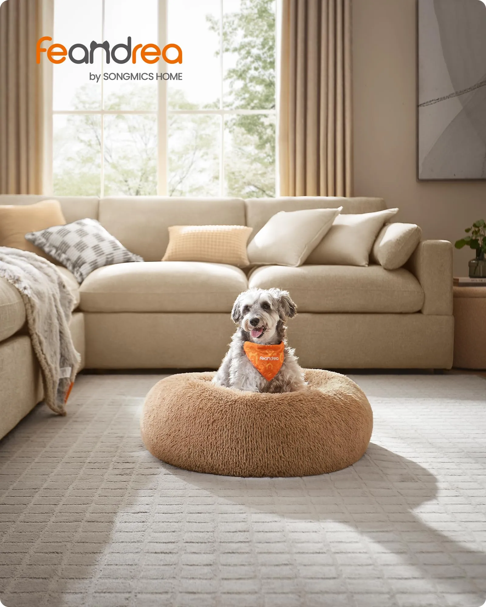 Feandrea Cuccia per Cani a Ciambella, Cuscino Sfoderabile e Lavabile, Diametro 70 cm, Marrone Cammello PGW039K01 - immagine 2