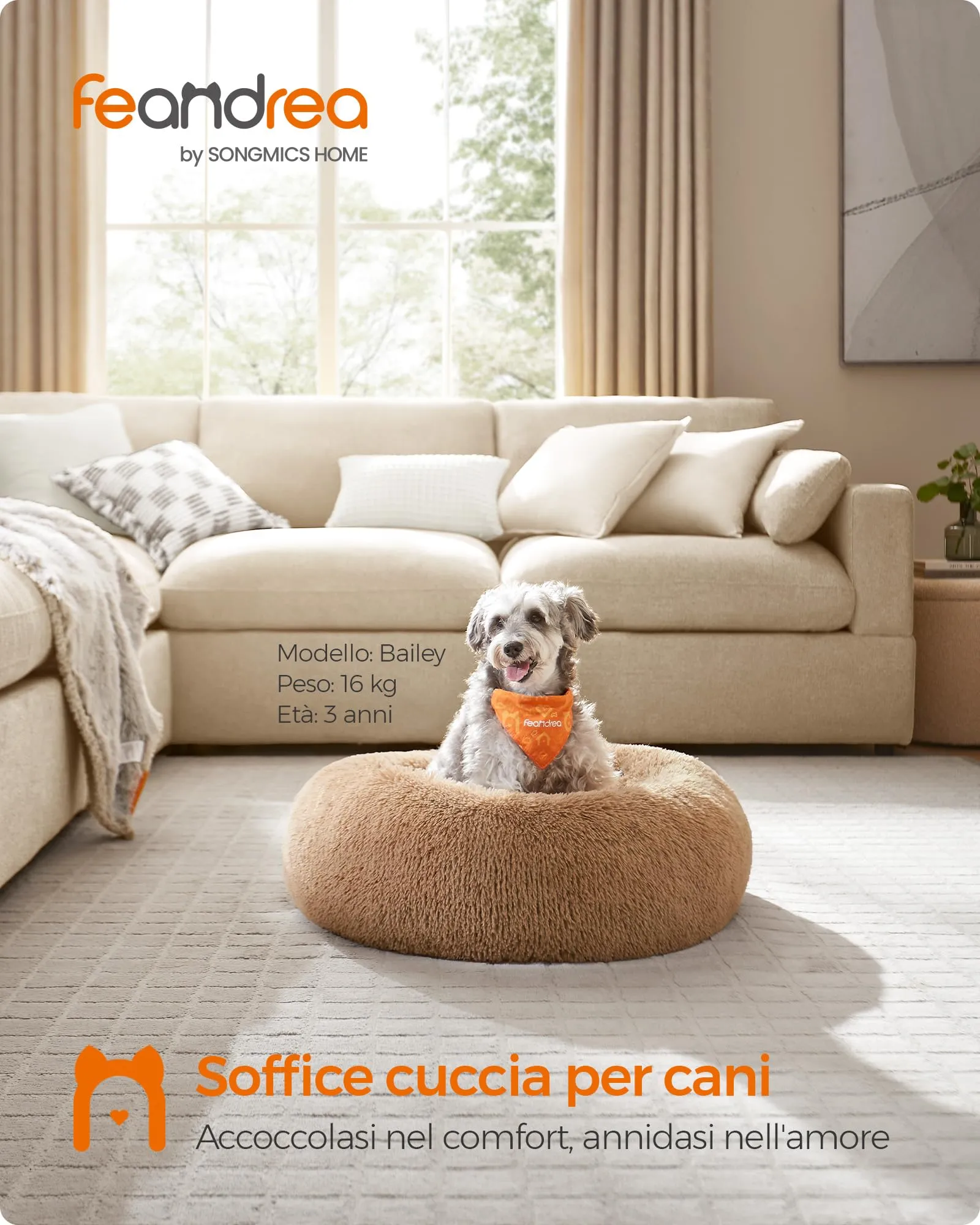 Feandrea Cuccia per Cani a Ciambella, Cuscino Sfoderabile e Lavabile, Diametro 70 cm, Marrone Cammello PGW039K01 - immagine 3