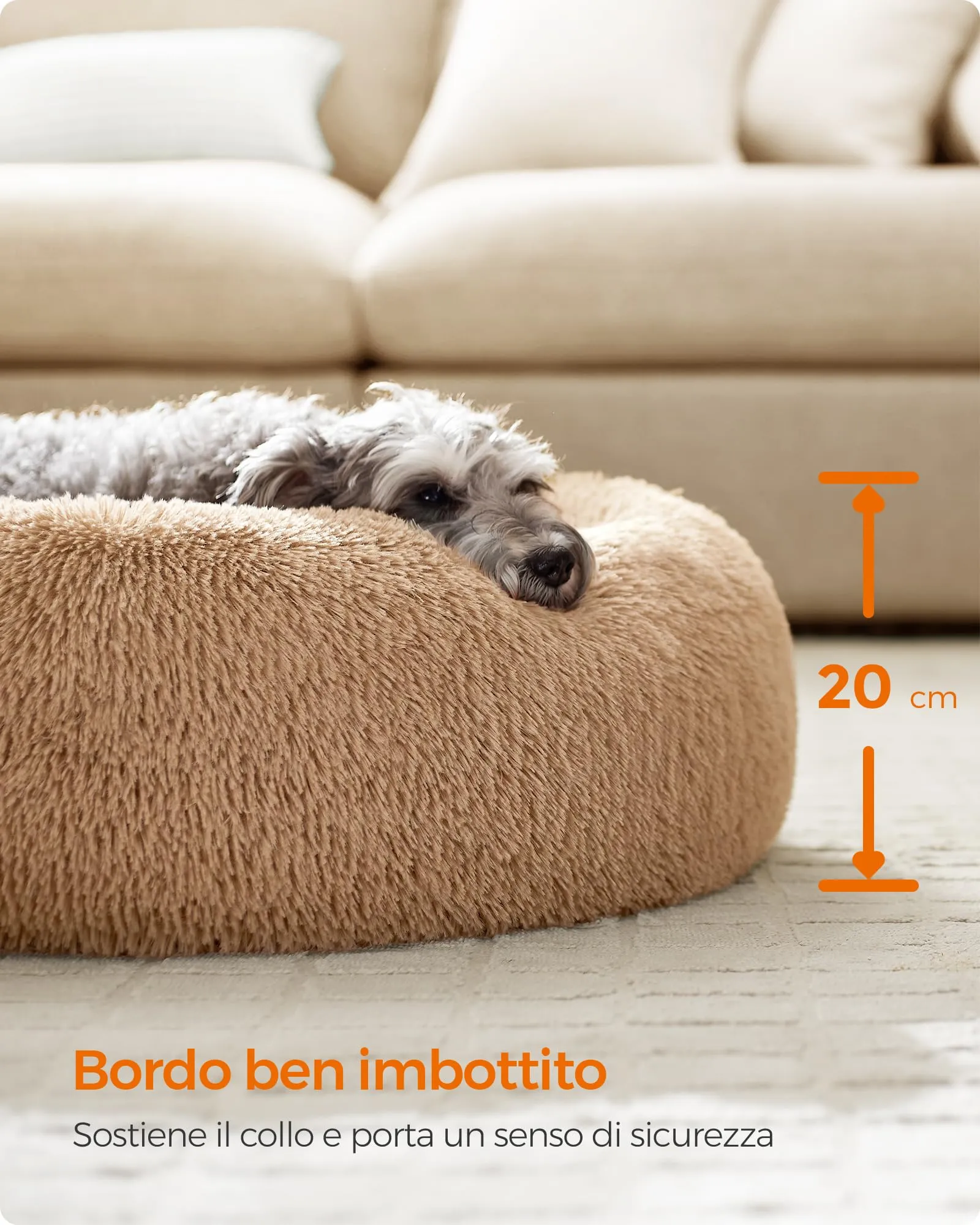 Feandrea Cuccia per Cani a Ciambella, Cuscino Sfoderabile e Lavabile, Diametro 70 cm, Marrone Cammello PGW039K01 - immagine 5