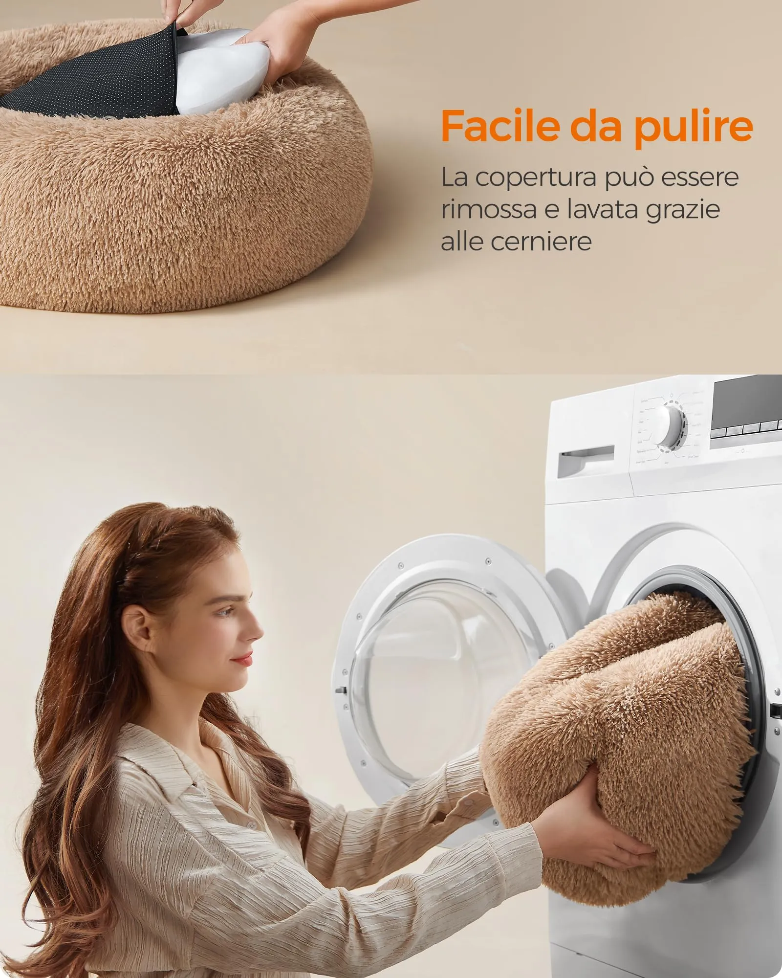 Feandrea Cuccia per Cani a Ciambella, Cuscino Sfoderabile e Lavabile, Diametro 70 cm, Marrone Cammello PGW039K01 - immagine 6