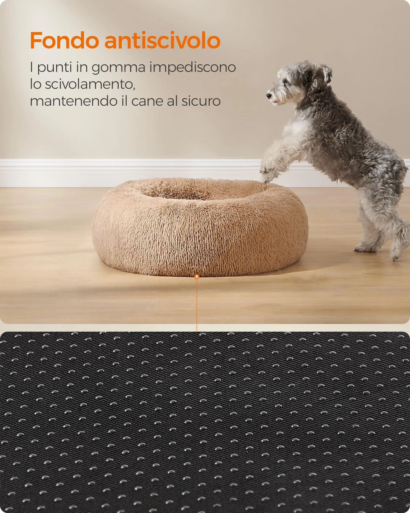 Feandrea Cuccia per Cani a Ciambella, Cuscino Sfoderabile e Lavabile, Diametro 70 cm, Marrone Cammello PGW039K01 - immagine 8