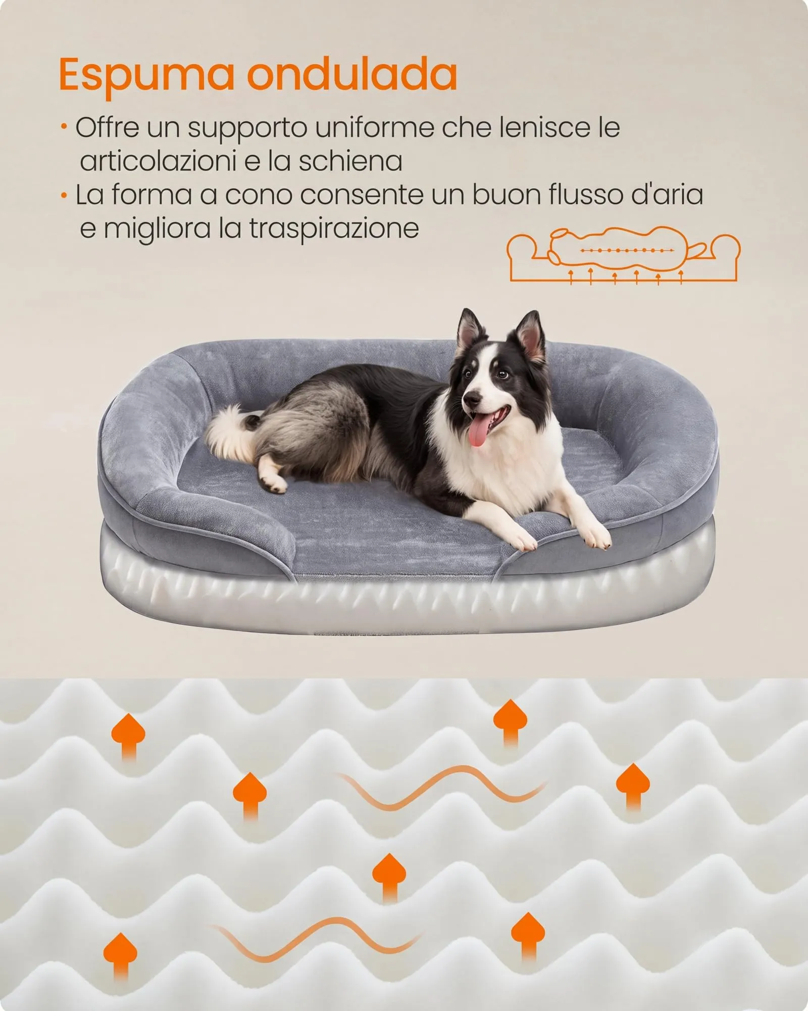 Feandrea Cuccia Ortopedica per Cani di Taglia Grande, 91 x 68 x 18 cm, Rivestimento Impermeabile, Grigio Chiaro PGW282G01 - immagine 3