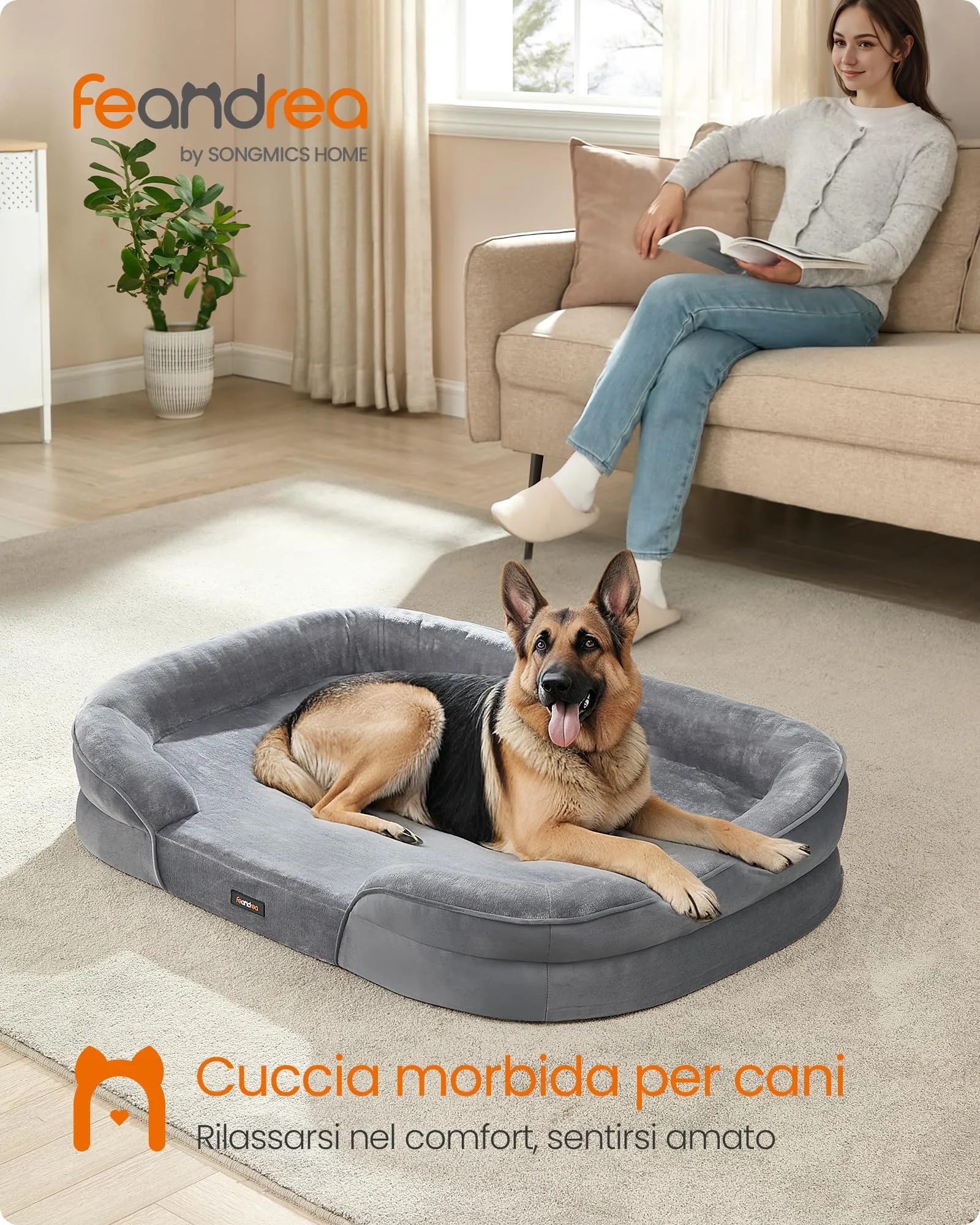 Feandrea Cuccia Ortopedica per Cani Taglia Extra Grande, 122 x 85 x 18 cm, Rivestimento Impermeabile, Grigio Chiaro PGW284G01 - immagine 2