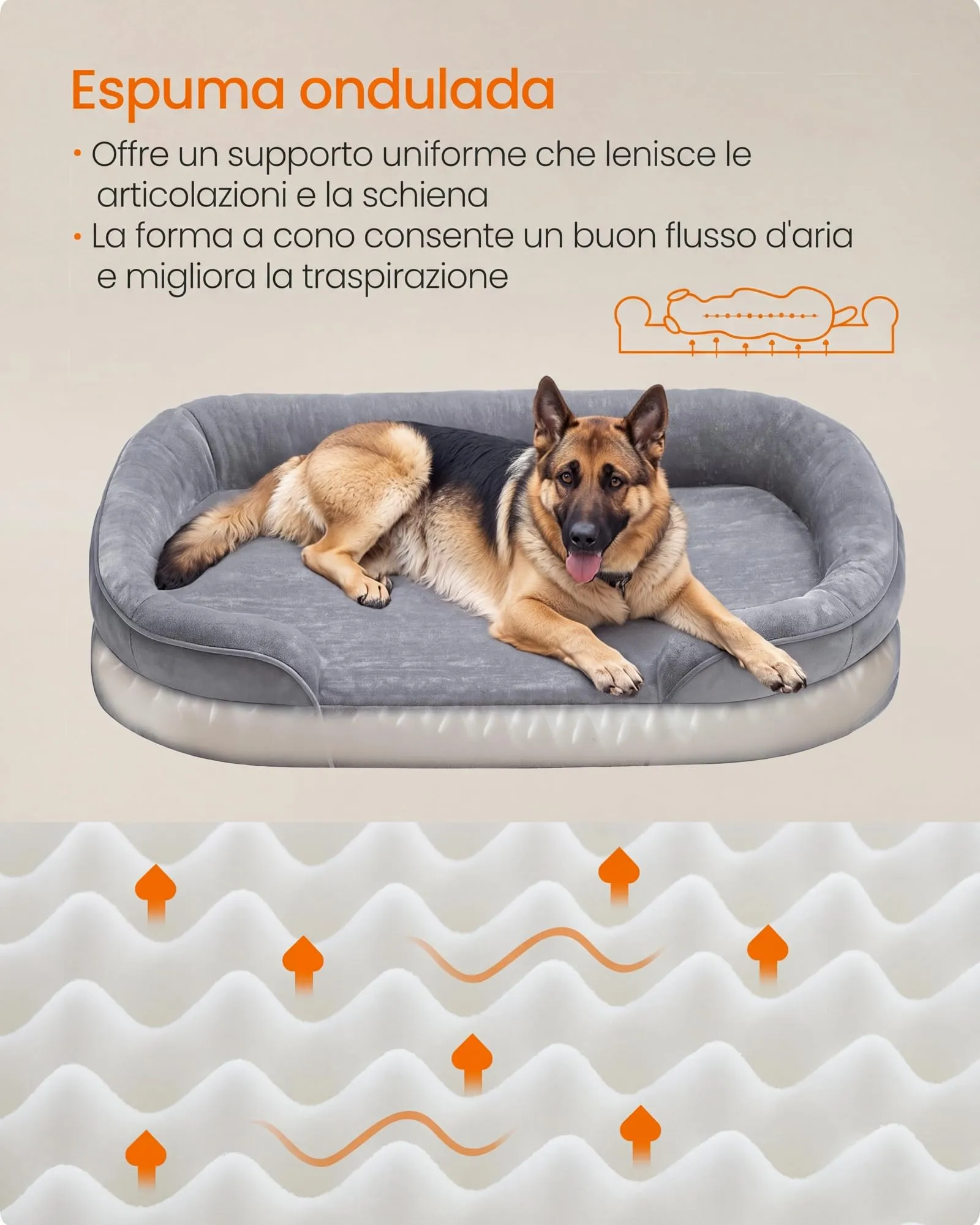Feandrea Cuccia Ortopedica per Cani Taglia Extra Grande, 122 x 85 x 18 cm, Rivestimento Impermeabile, Grigio Chiaro PGW284G01 - immagine 3