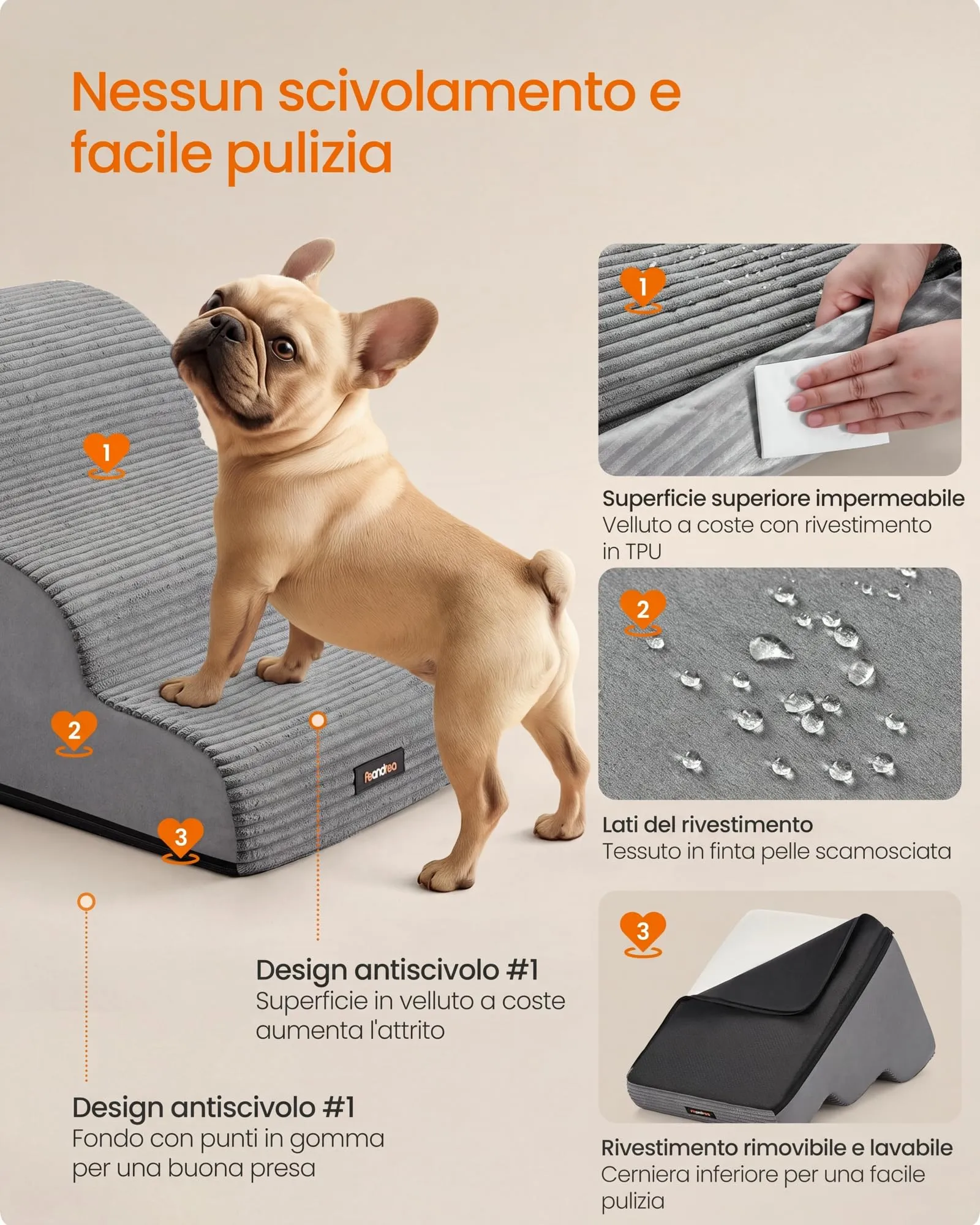 Feandrea Scala a 3 Gradini per Cani, Grigio Tortora PPS003G01 - immagine 5