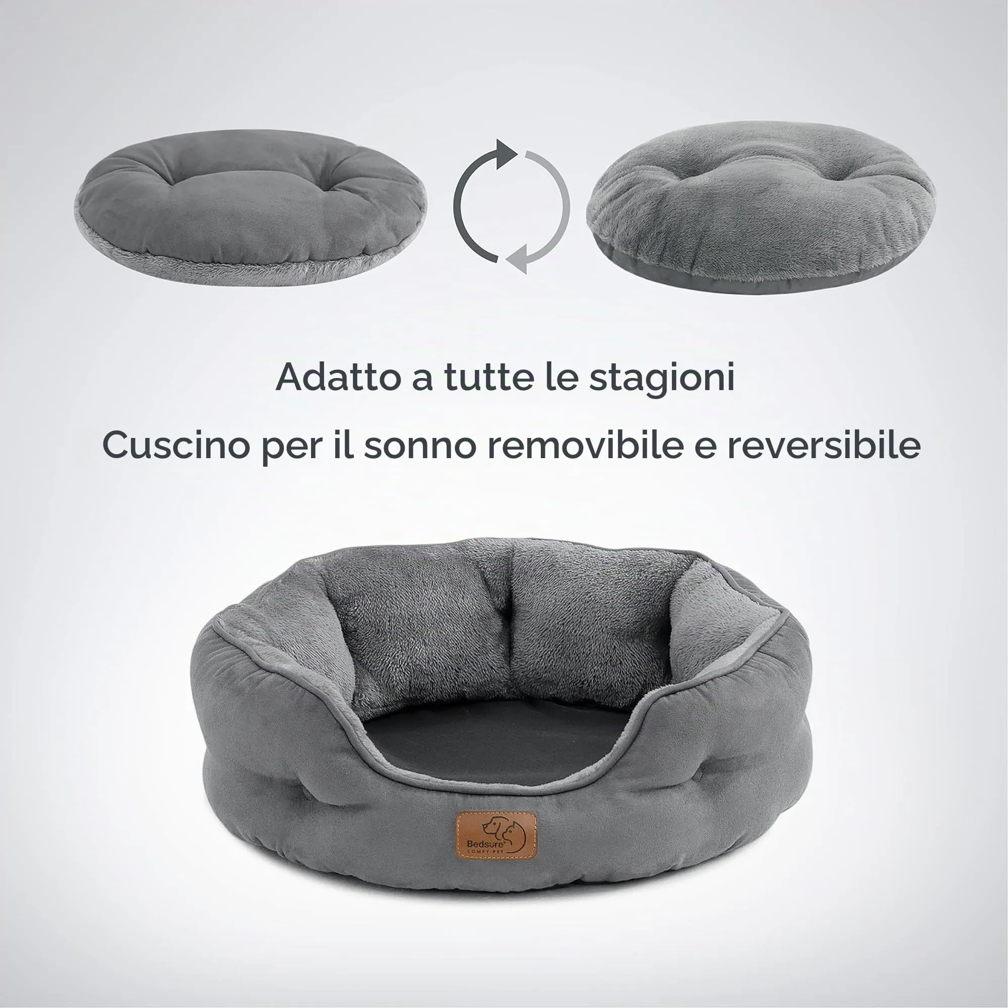 Bedsure Letto per Cani e Gatti, Rotondo con Fondo Antiscivolo, Grigio, 51 x 48 x 15cm - immagine 4