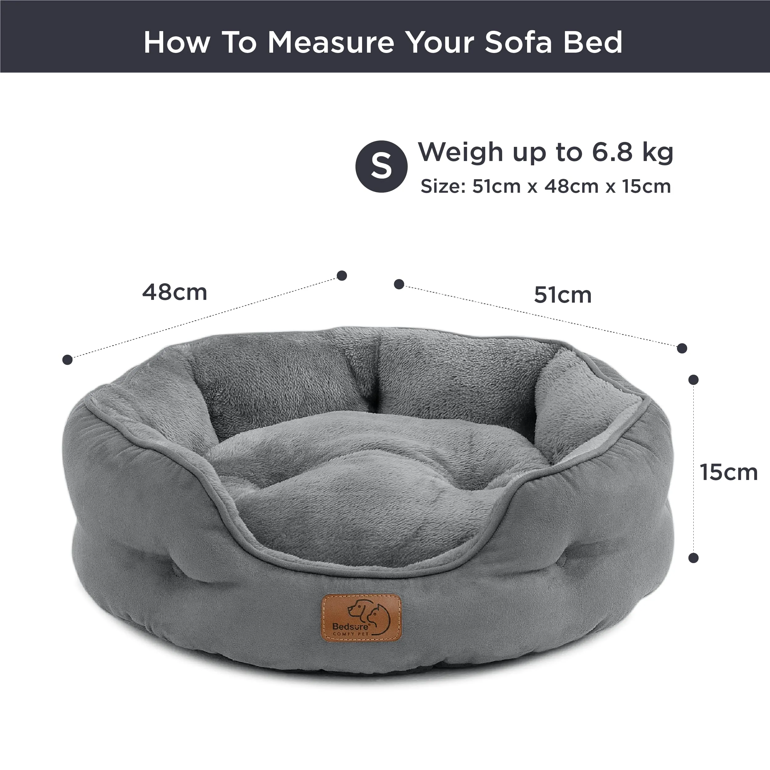 Bedsure Letto per Cani e Gatti, Rotondo con Fondo Antiscivolo, Grigio, 51 x 48 x 15cm - immagine 5