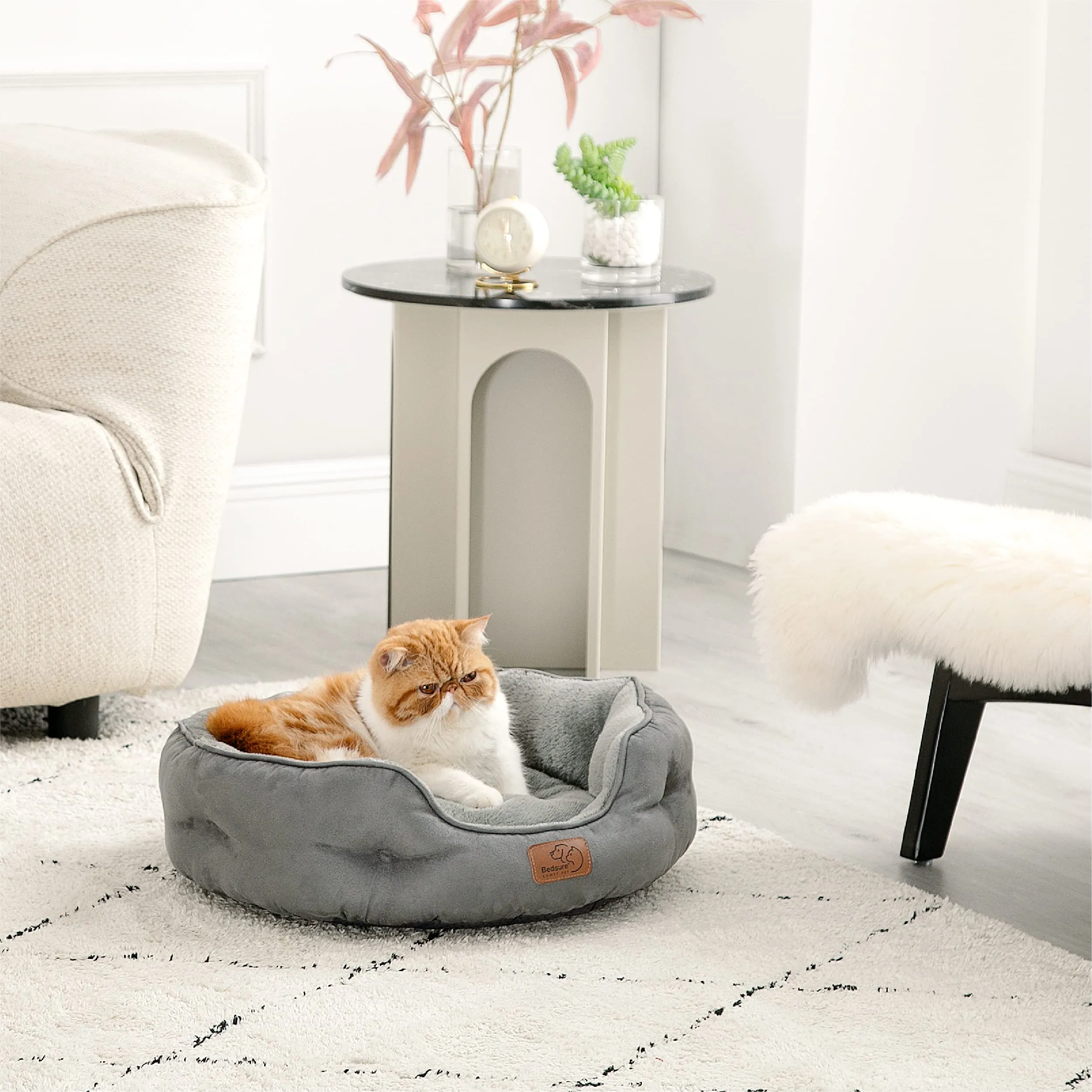 Bedsure Letto per Cani e Gatti, Rotondo con Fondo Antiscivolo, Grigio, 51 x 48 x 15cm - immagine 7