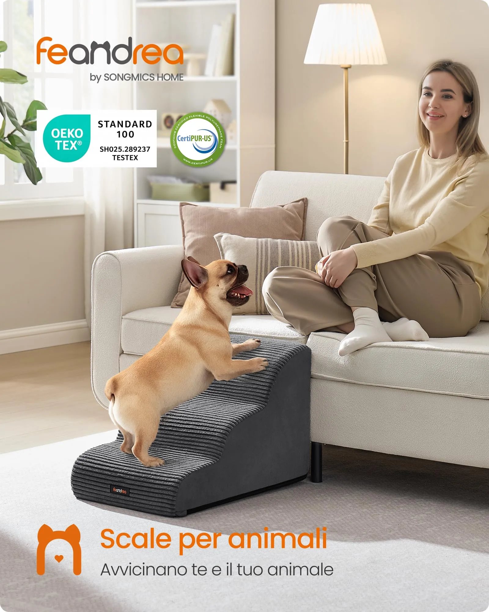 Feandrea Scala a 3 Gradini per Cani, Velluto a Coste, Grigio Ardesia PPS003GN01 - immagine 2