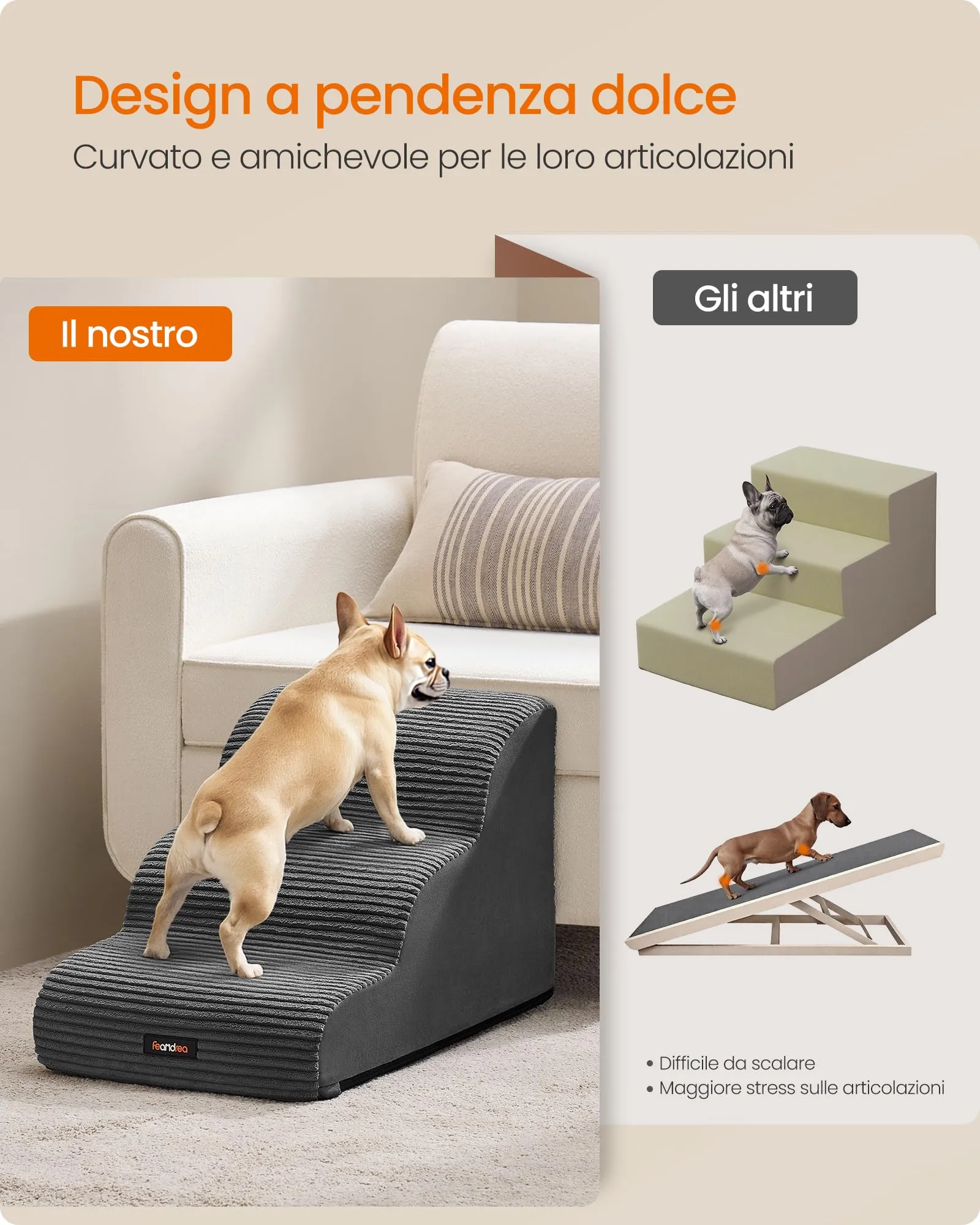 Feandrea Scala a 3 Gradini per Cani, Velluto a Coste, Grigio Ardesia PPS003GN01 - immagine 3