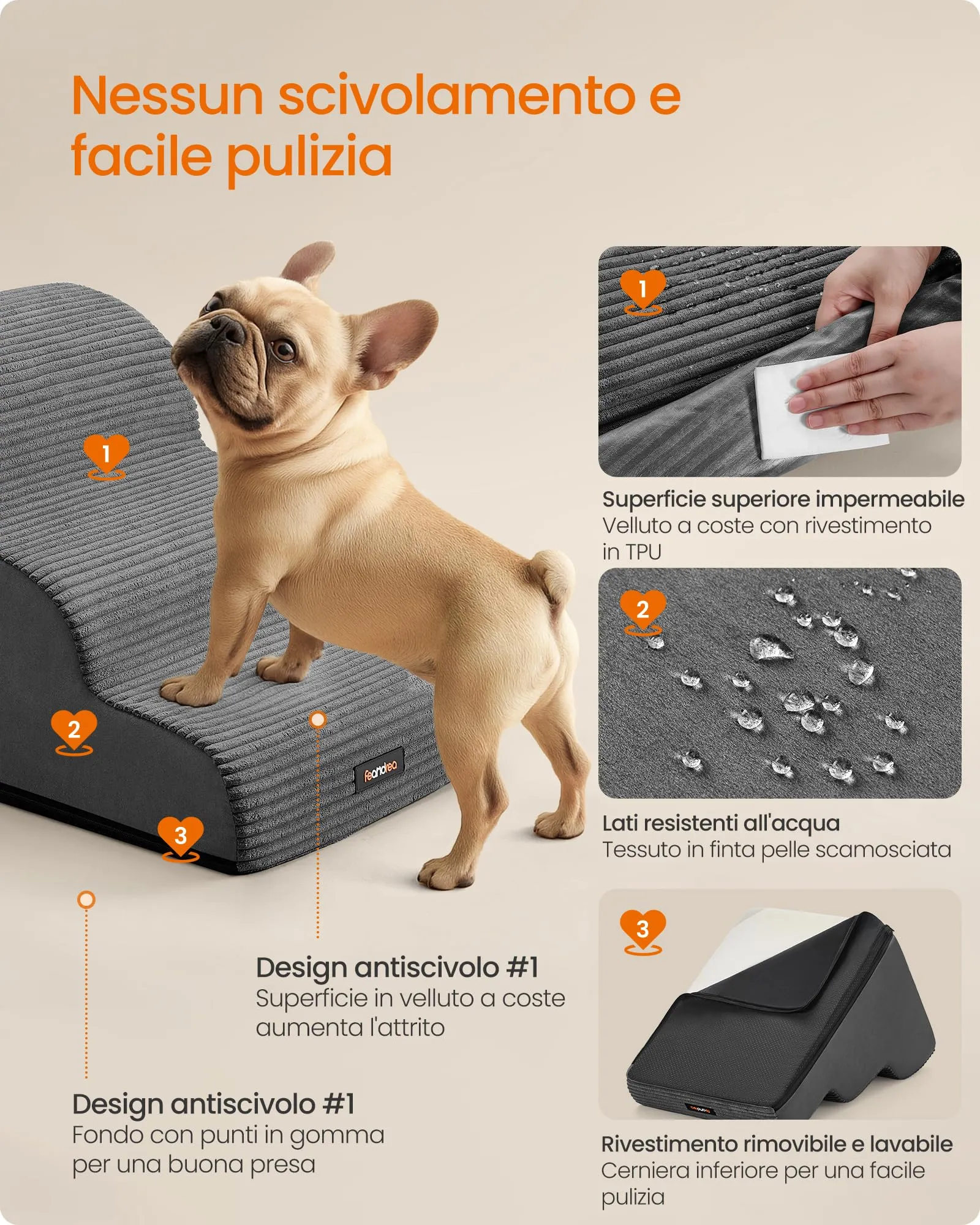 Feandrea Scala a 3 Gradini per Cani, Velluto a Coste, Grigio Ardesia PPS003GN01 - immagine 5