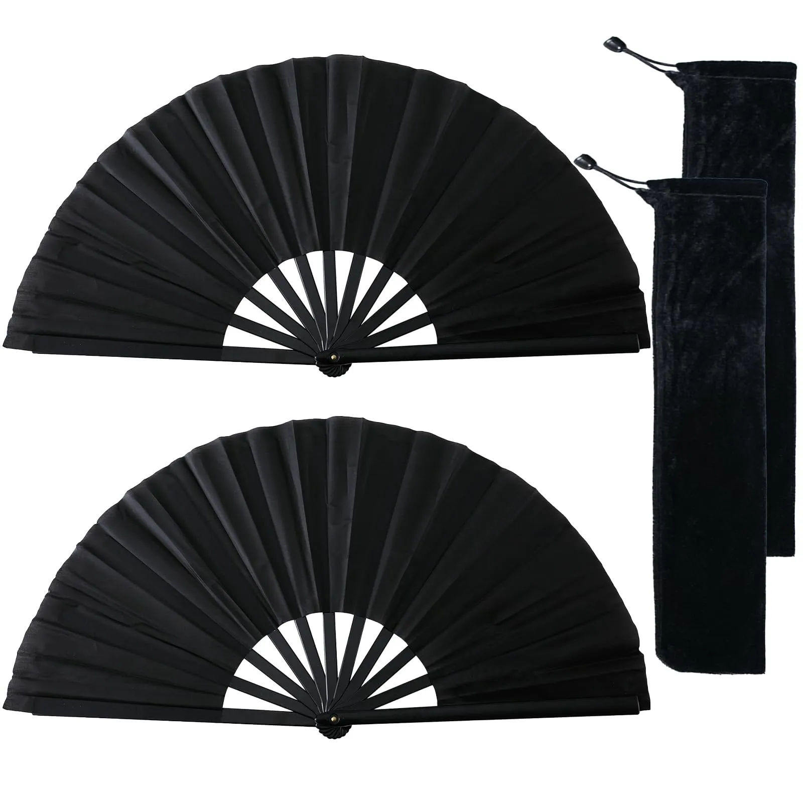 Ourdort Ventaglio Grande in Seta Nero Pieghevole, Set da 2 Pezzi con Custodia - immagine 1
