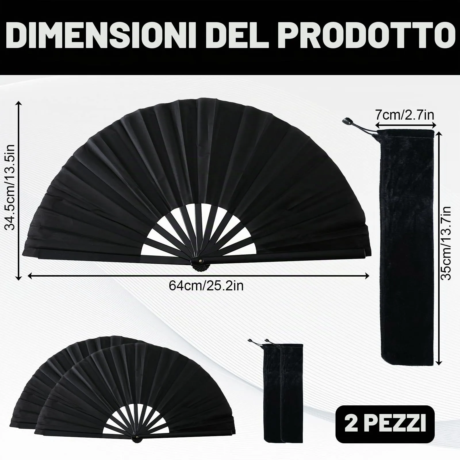 Ourdort Ventaglio Grande in Seta Nero Pieghevole, Set da 2 Pezzi con Custodia - immagine 2