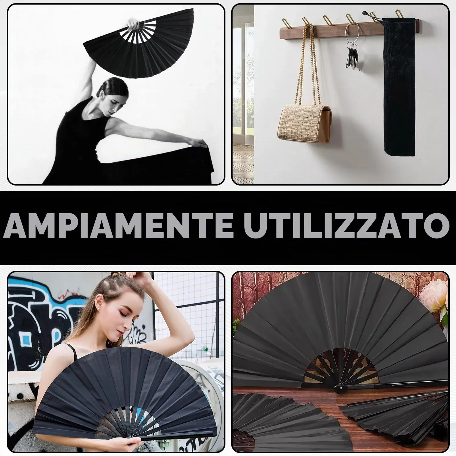 Ourdort Ventaglio Grande in Seta Nero Pieghevole, Set da 2 Pezzi con Custodia - immagine 5