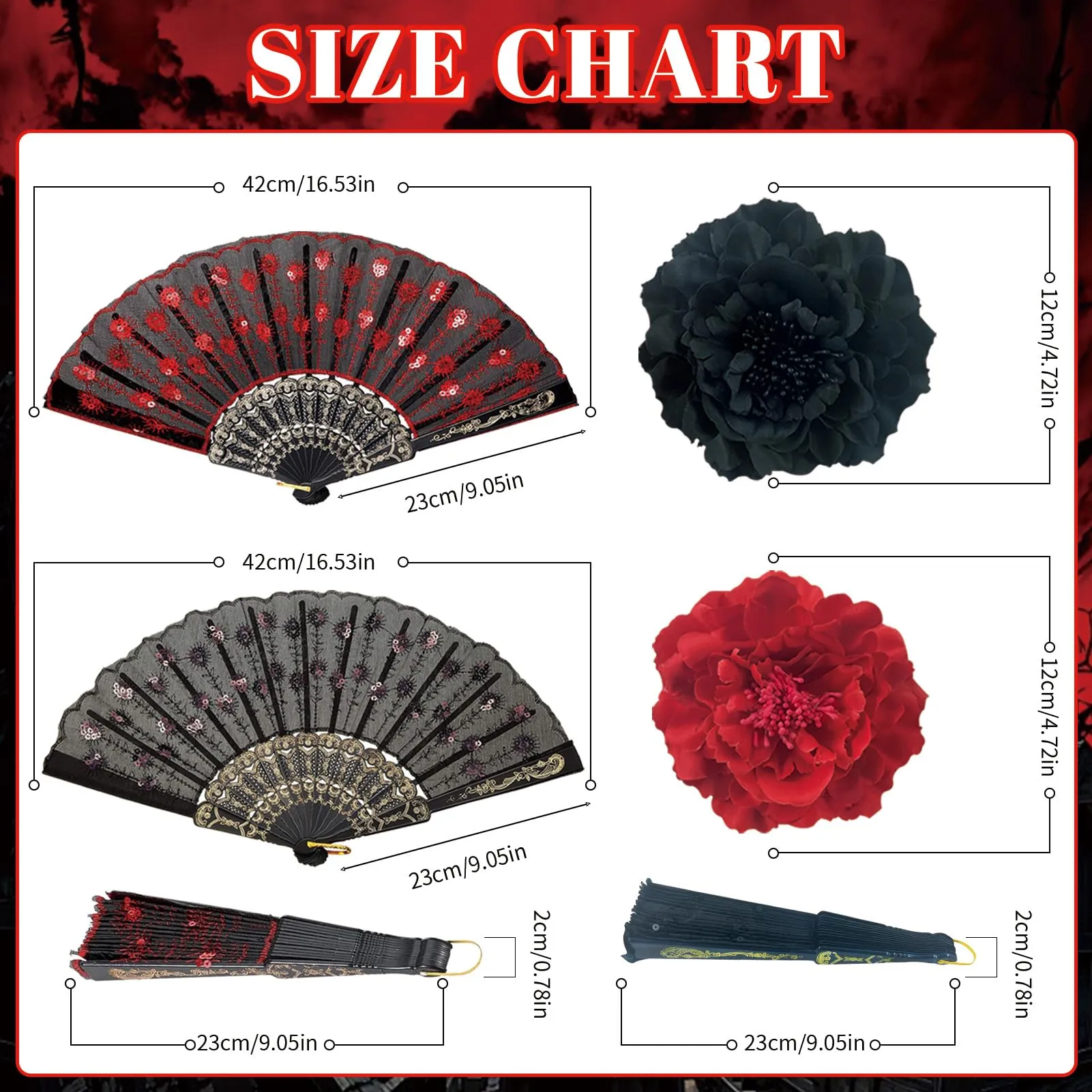 Ourdort Set 2 Pezzi Ventaglio in Pizzo e Fiori Peonia per Capelli Flamenco - immagine 2