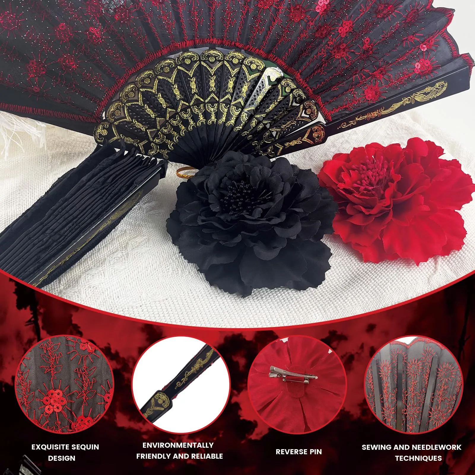 Ourdort Set 2 Pezzi Ventaglio in Pizzo e Fiori Peonia per Capelli Flamenco - immagine 3