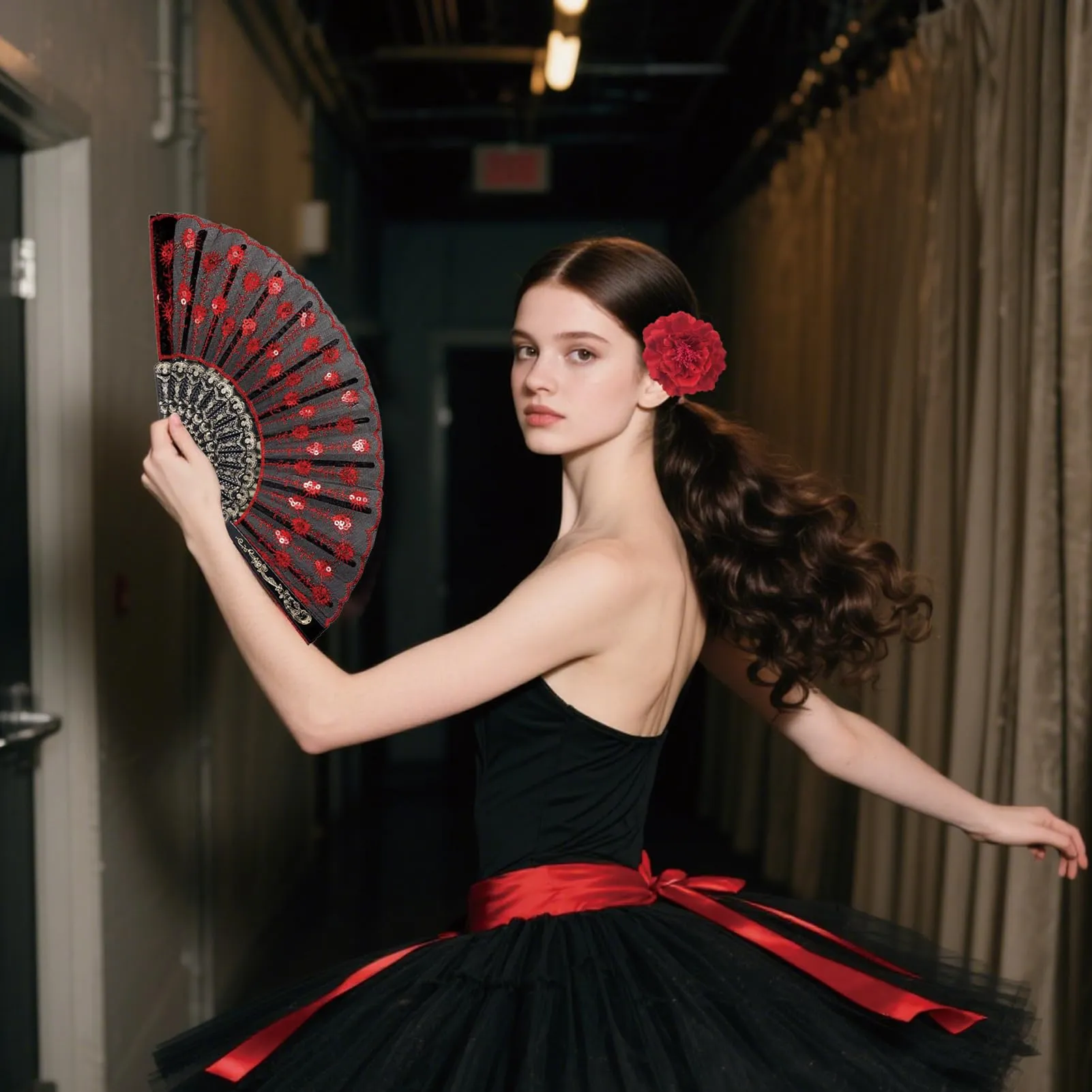 Ourdort Set 2 Pezzi Ventaglio in Pizzo e Fiori Peonia per Capelli Flamenco - immagine 4