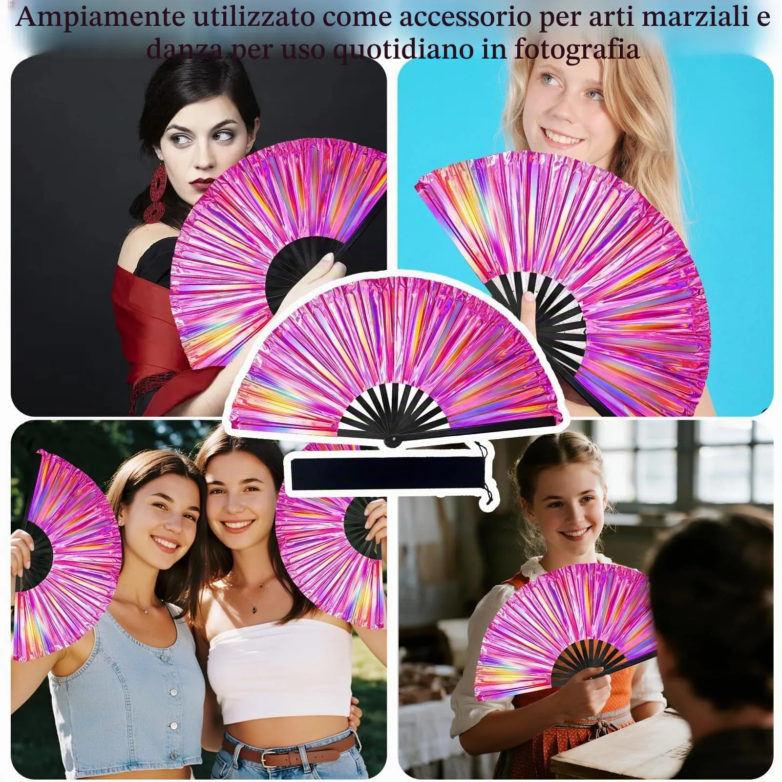Ourdort Ventaglio a Mano Pieghevole Grande Olografico Laser - immagine 7