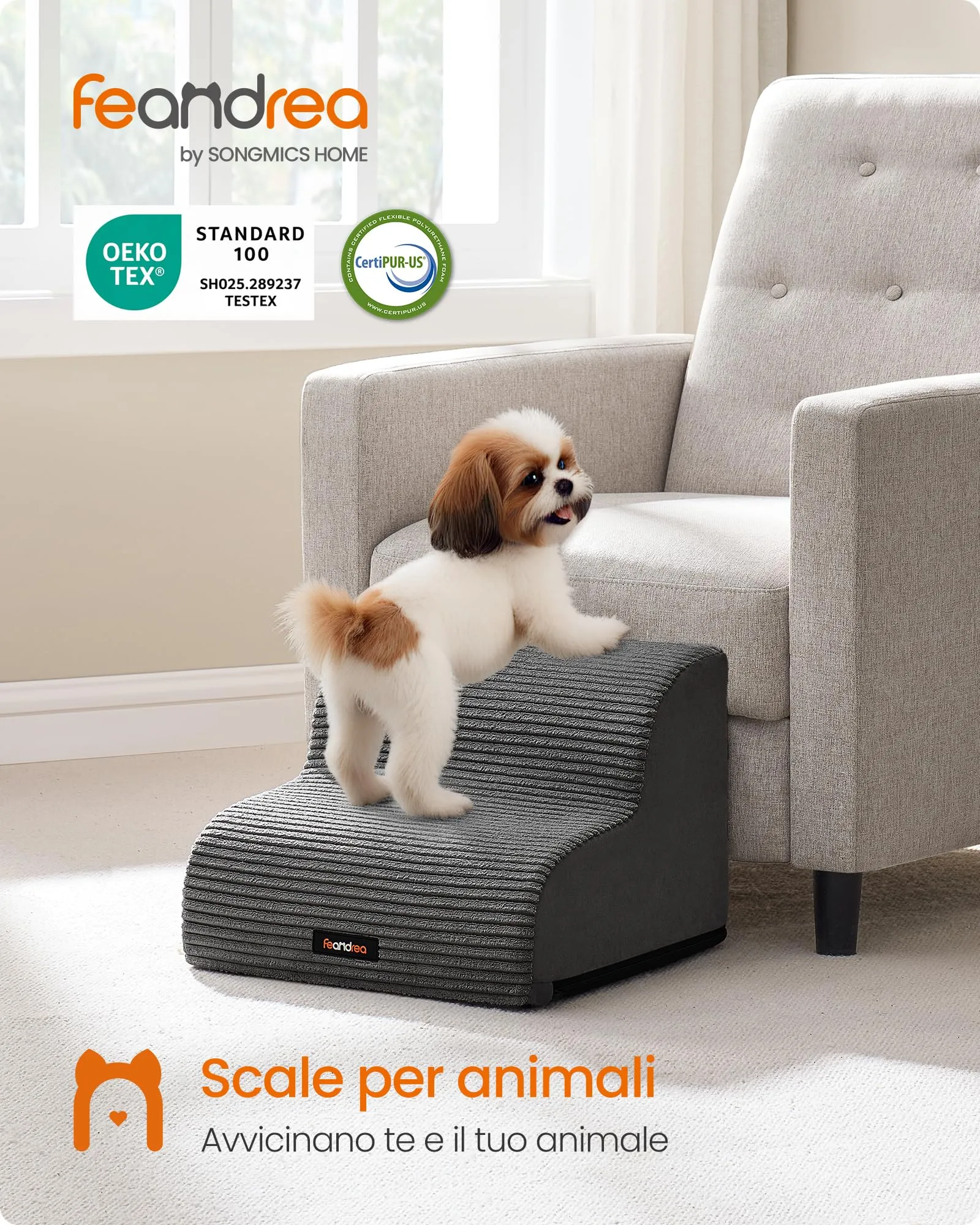 Feandrea Scala a 2 Gradini per Cani in Velluto a Coste, Impermeabile e Antiscivolo, Grigio Ardesia PPS002GN01 - immagine 2