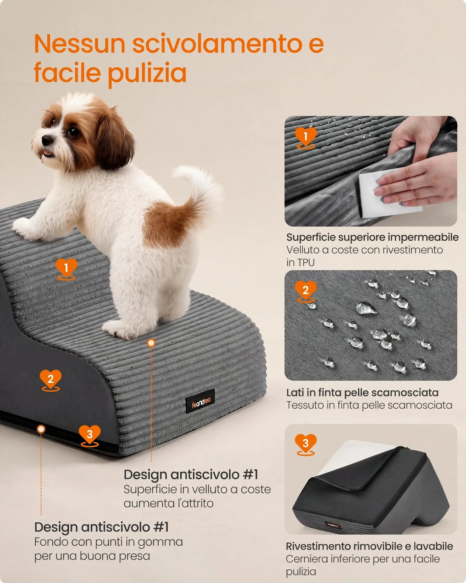 Feandrea Scala a 2 Gradini per Cani in Velluto a Coste, Impermeabile e Antiscivolo, Grigio Ardesia PPS002GN01 - immagine 5