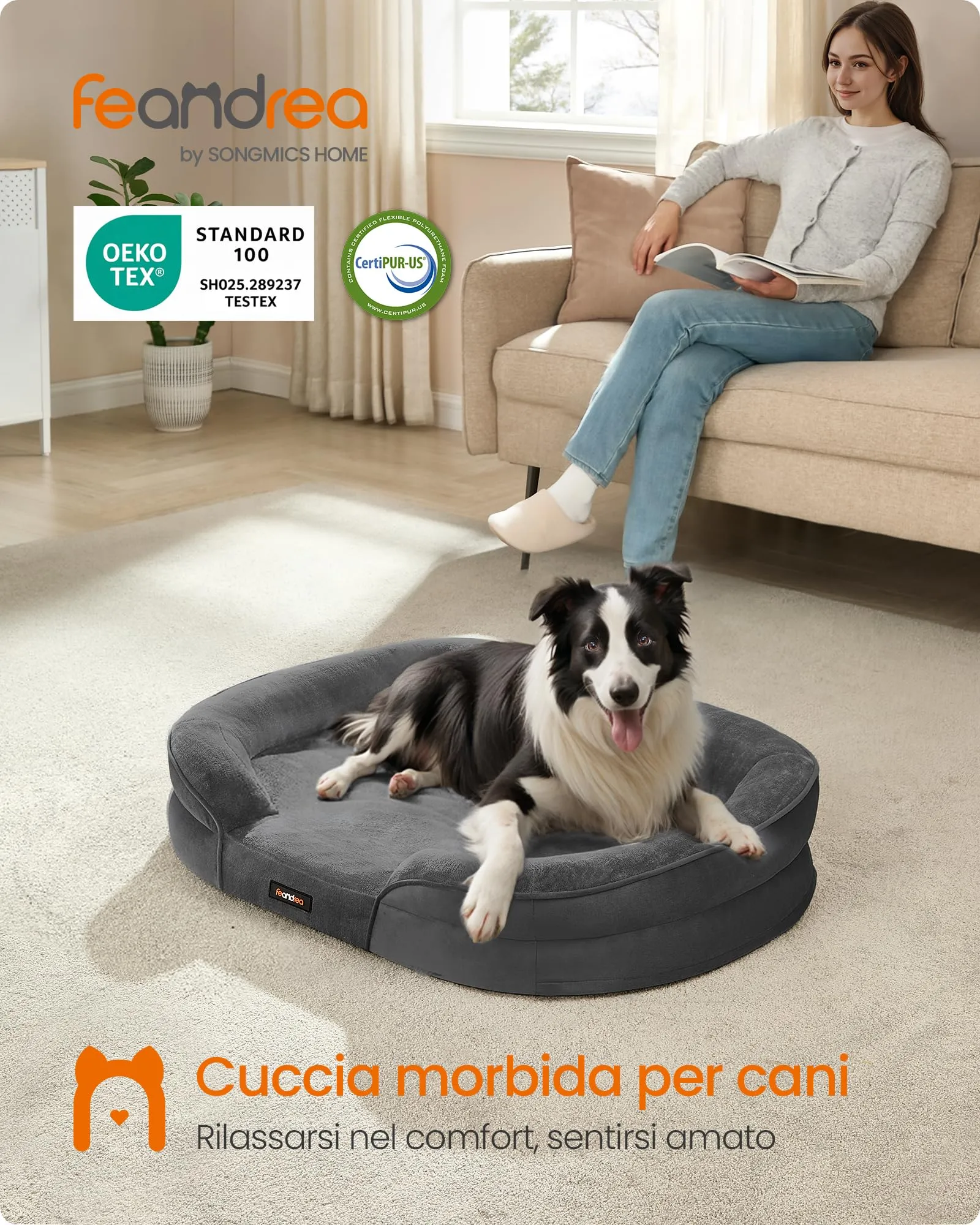 Feandrea Cuccia Ortopedica per Cani di Taglia Grande, 91 x 68 x 18 cm, Rivestimento Impermeabile, Grigio Ardesia PGW282GN01 - immagine 2