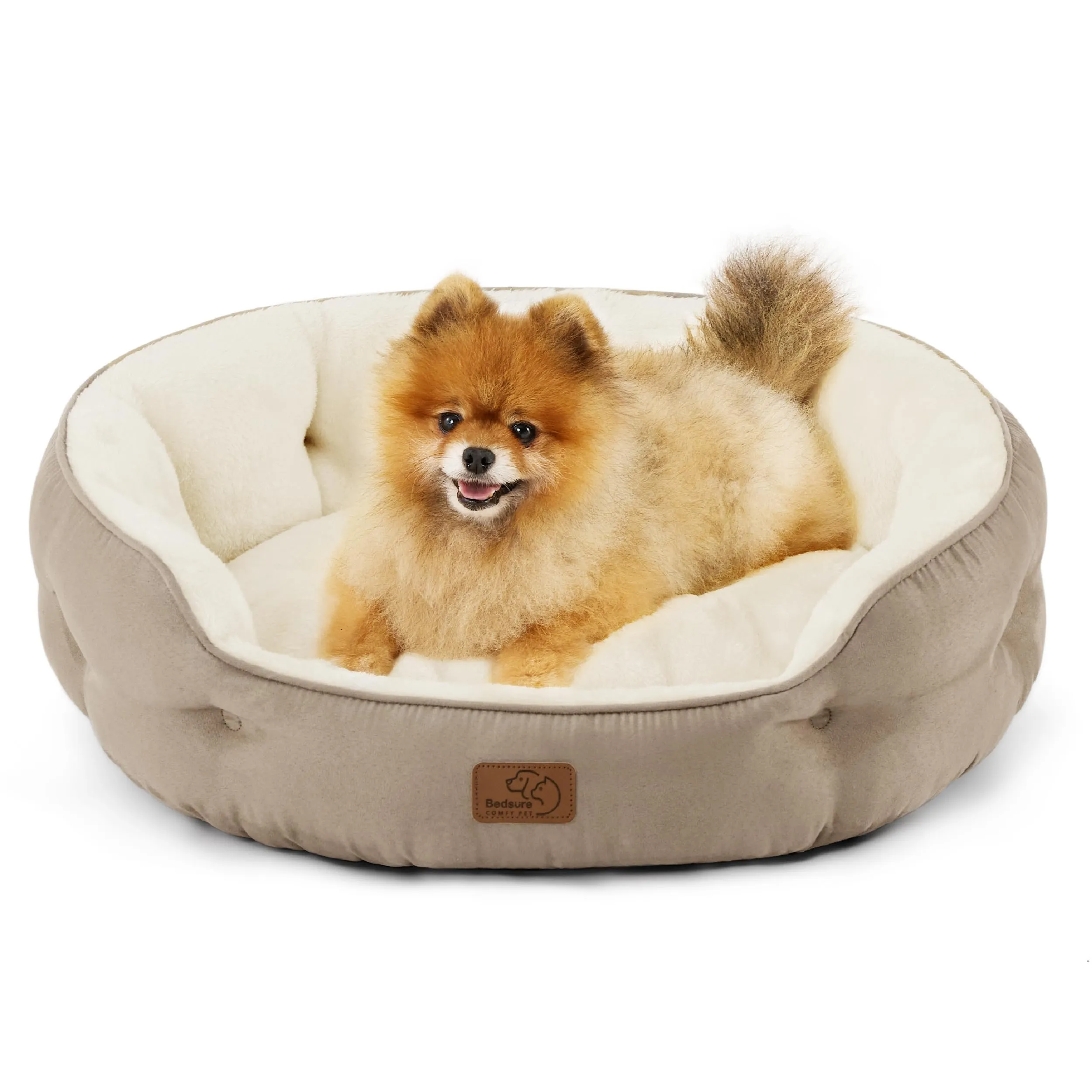 Bedsure Letto per Cani e Gatti Rotondo, Fondo Antiscivolo, Cammello, 63 x 53 x 20 cm - immagine 1