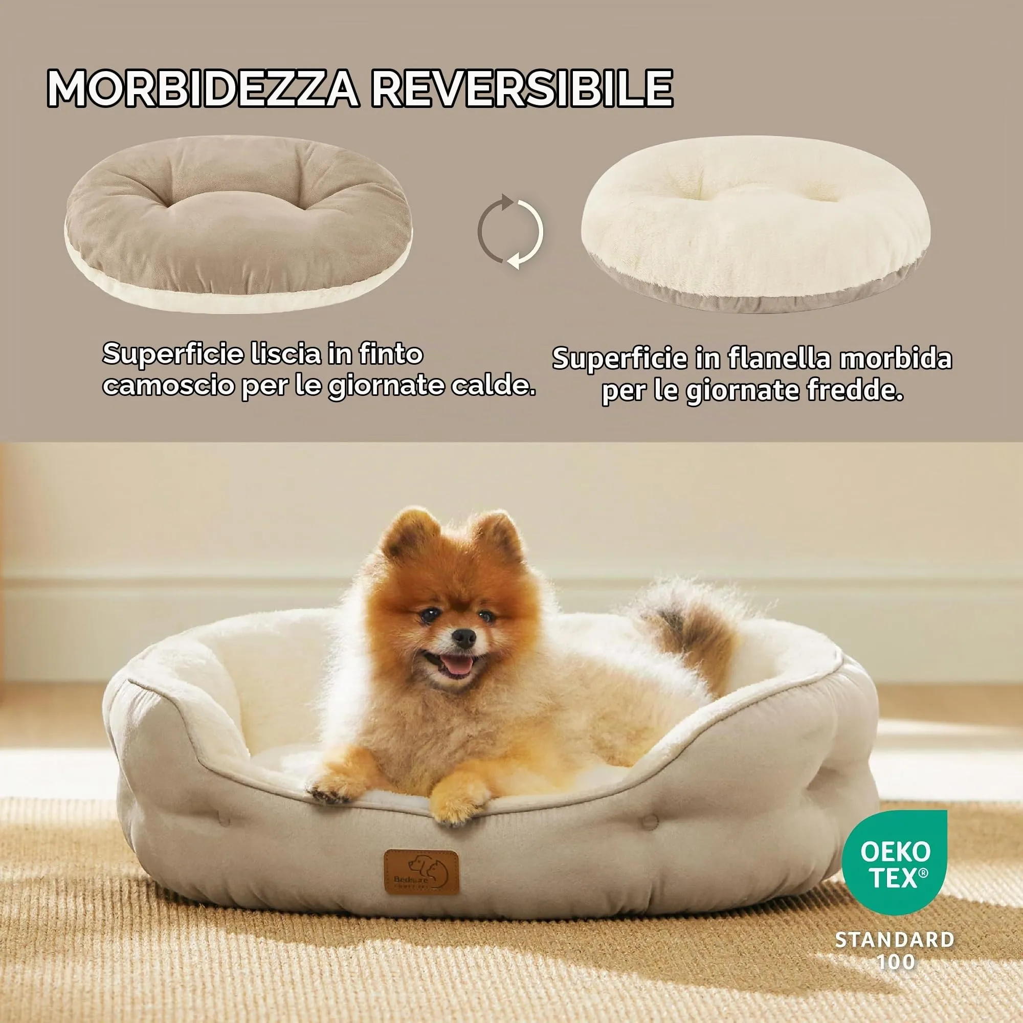 Bedsure Letto per Cani e Gatti Rotondo, Fondo Antiscivolo, Cammello, 63 x 53 x 20 cm - immagine 2