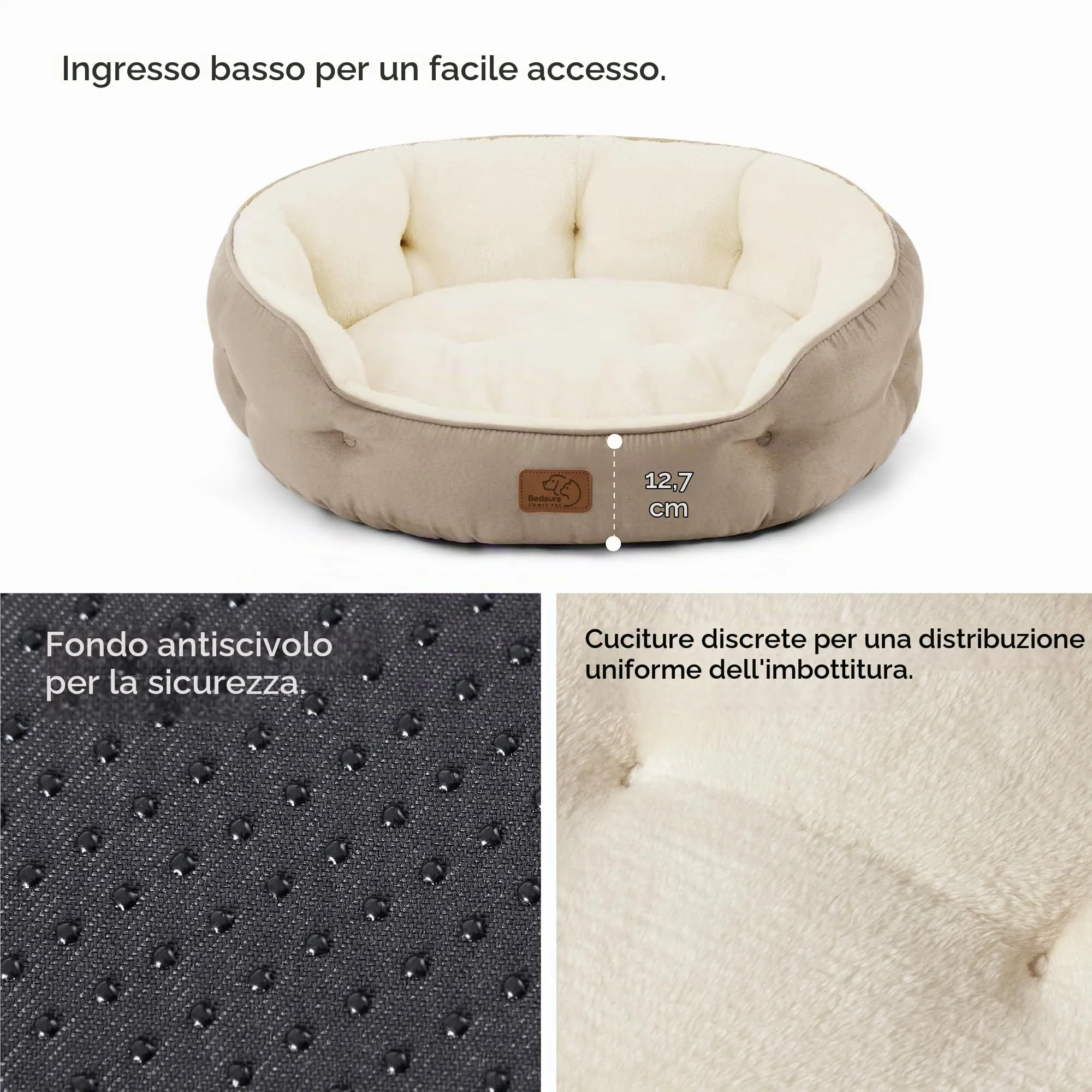 Bedsure Letto per Cani e Gatti Rotondo, Fondo Antiscivolo, Cammello, 63 x 53 x 20 cm - immagine 3