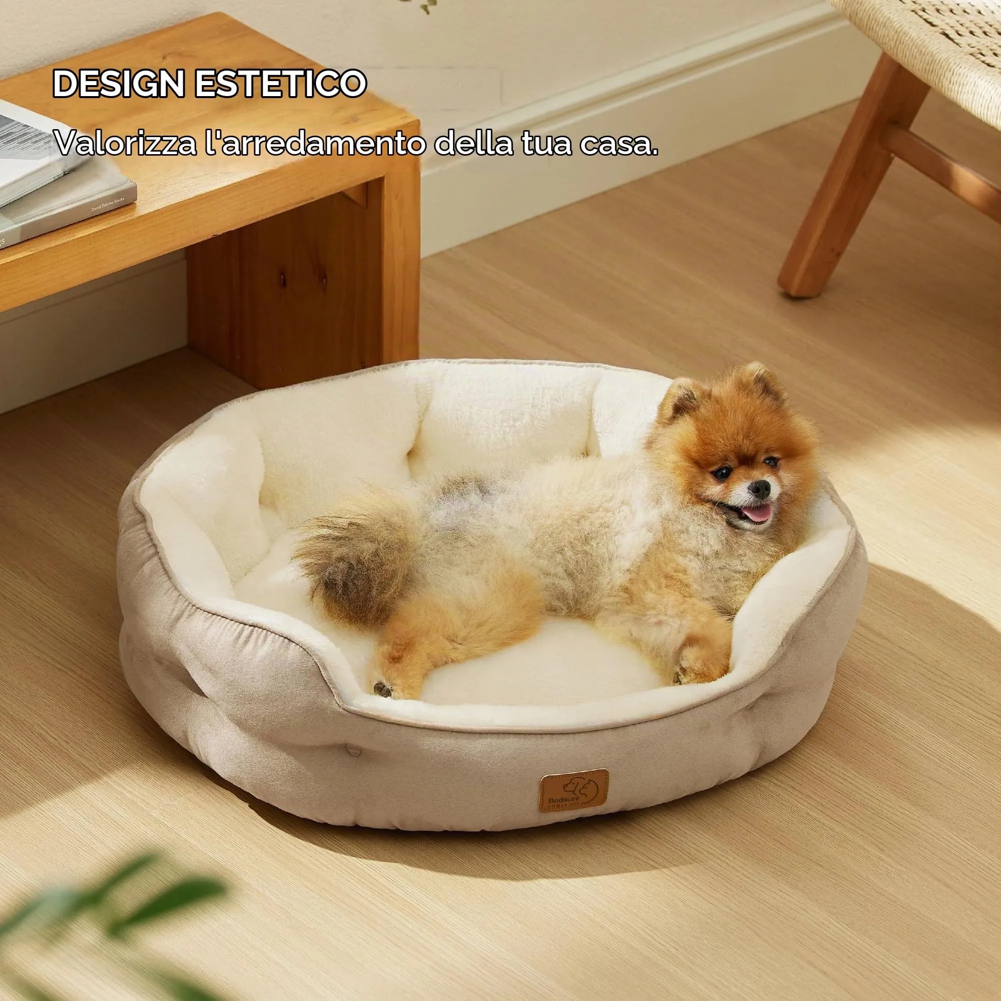 Bedsure Letto per Cani e Gatti Rotondo, Fondo Antiscivolo, Cammello, 63 x 53 x 20 cm - immagine 6