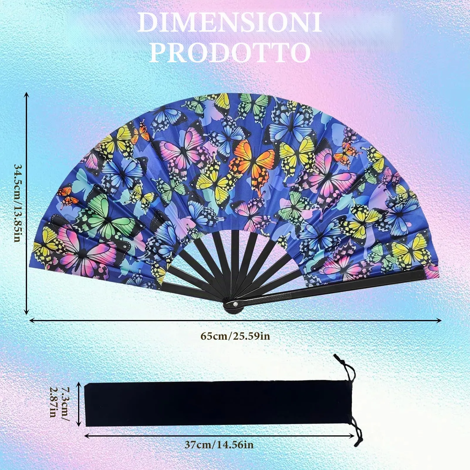 Ourdort Ventaglio Pieghevole a Mano Luminoso con Motivo a Farfalla per Rave, Festival e Feste - immagine 2