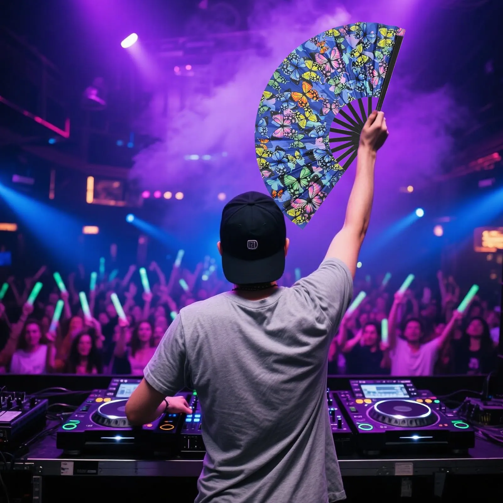 Ourdort Ventaglio Pieghevole a Mano Luminoso con Motivo a Farfalla per Rave, Festival e Feste - immagine 3