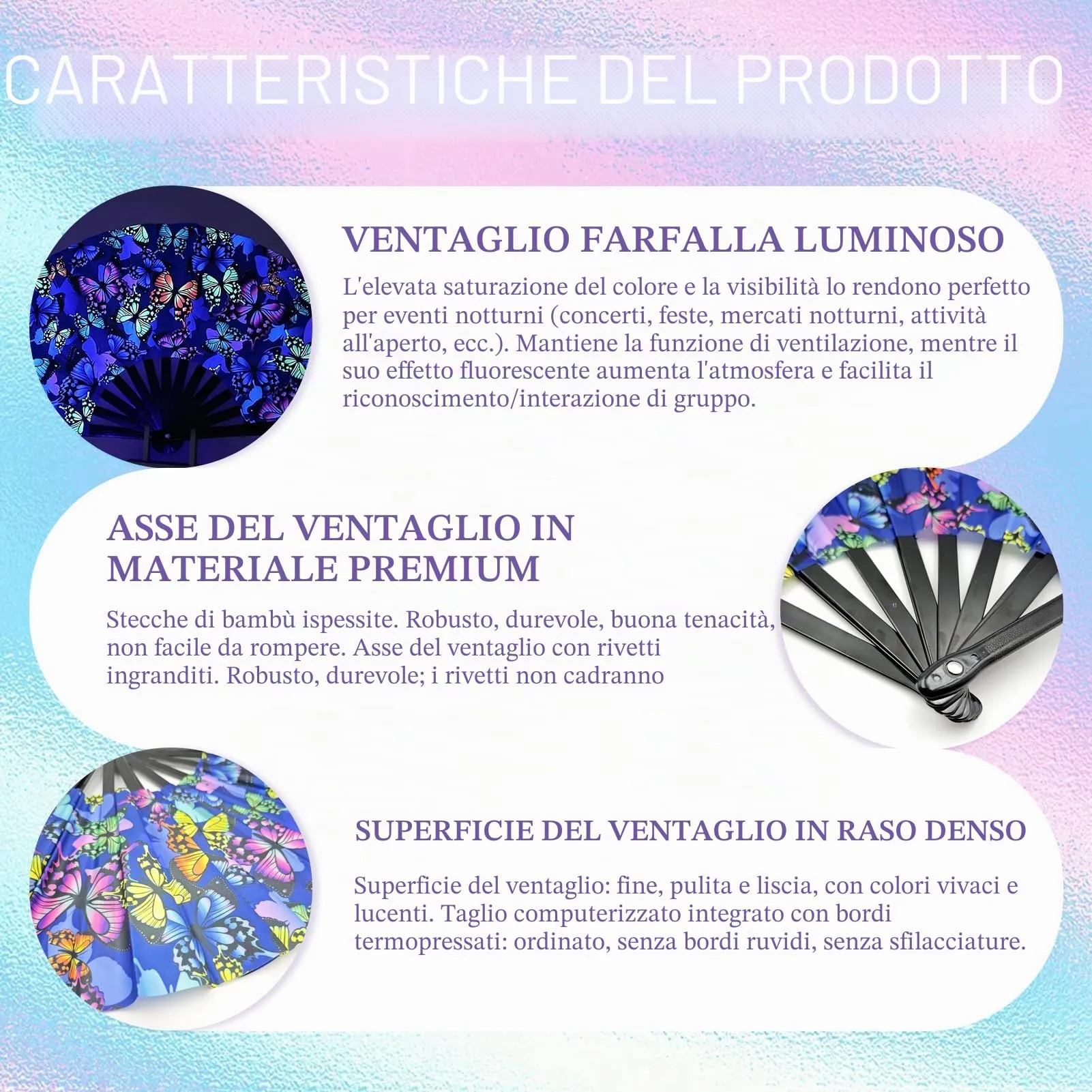 Ourdort Ventaglio Pieghevole a Mano Luminoso con Motivo a Farfalla per Rave, Festival e Feste - immagine 4