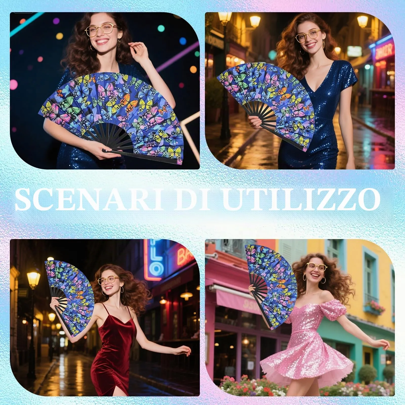 Ourdort Ventaglio Pieghevole a Mano Luminoso con Motivo a Farfalla per Rave, Festival e Feste - immagine 7