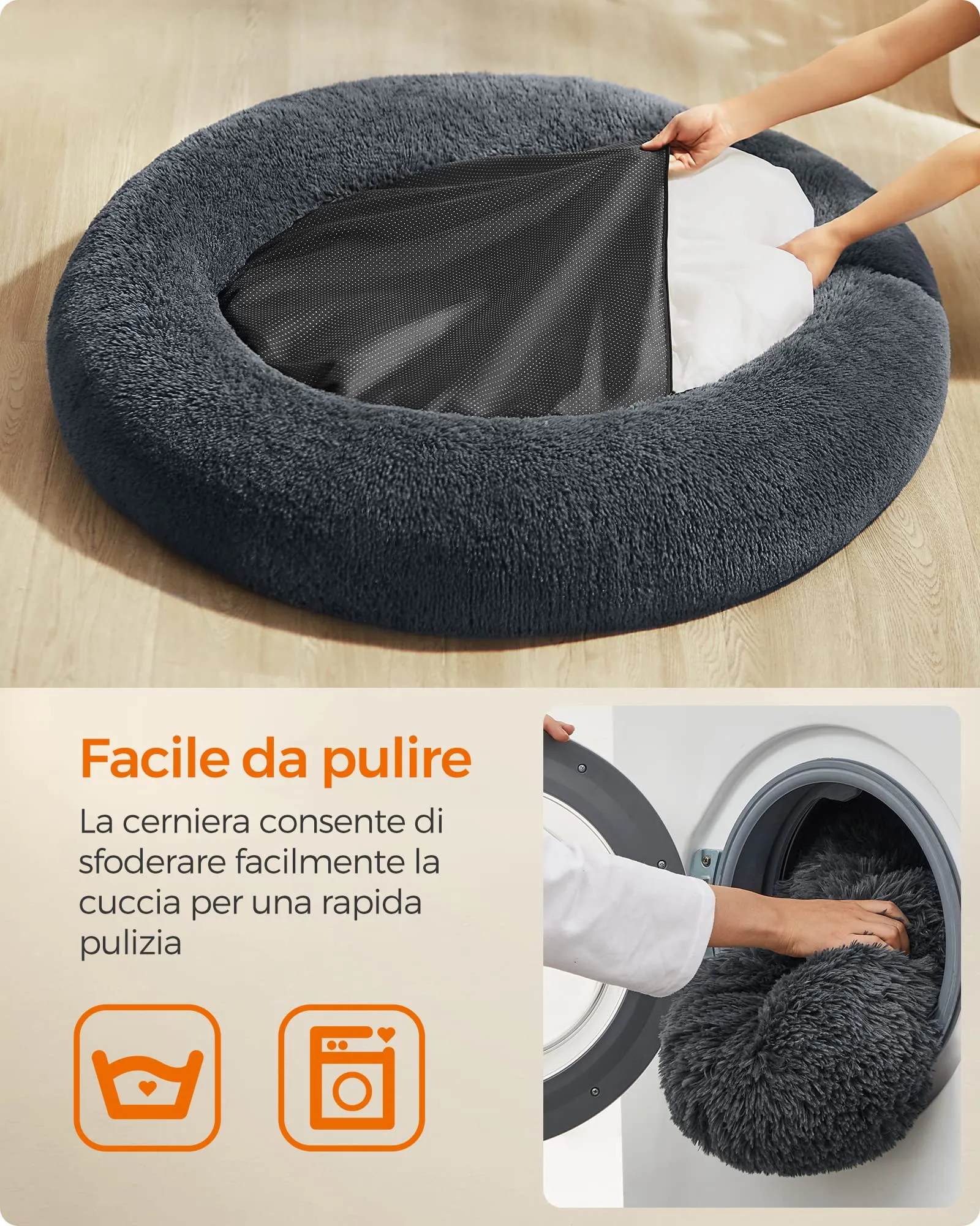 Feandrea Cuccia per Cani a Ciambella, Cuscino Sfoderabile e Lavabile, Diametro 120 cm, Grigio Scuro PGW043G02 - immagine 5