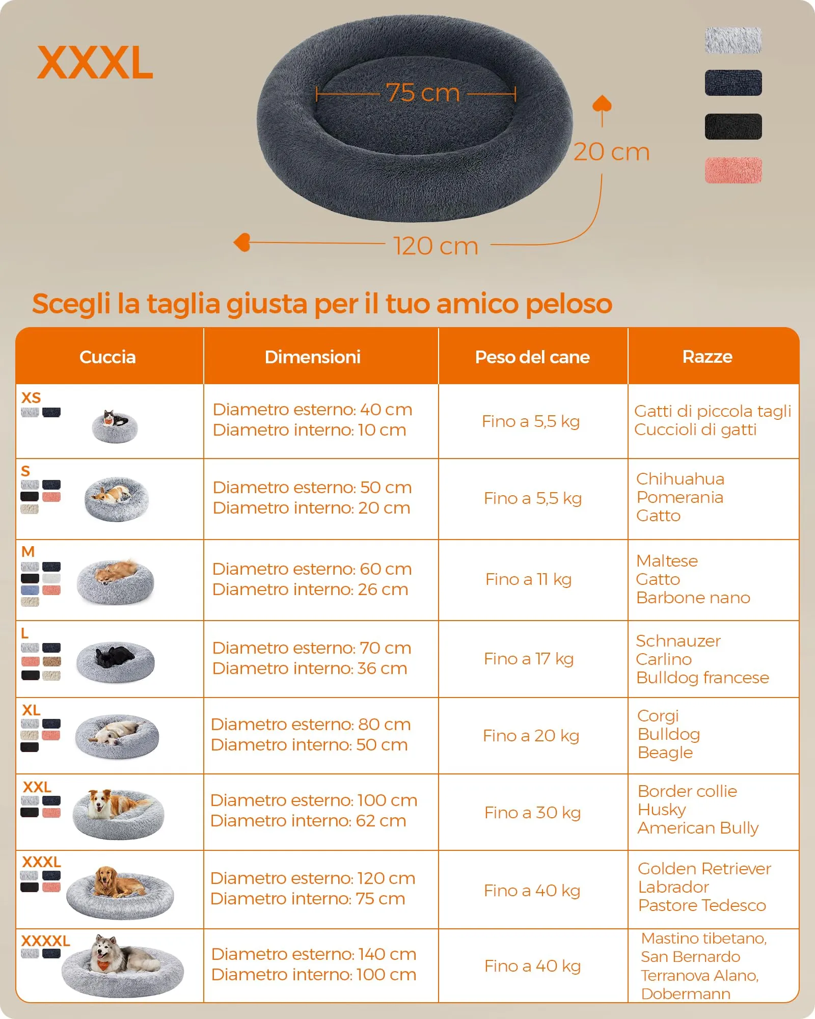 Feandrea Cuccia per Cani a Ciambella, Cuscino Sfoderabile e Lavabile, Diametro 120 cm, Grigio Scuro PGW043G02 - immagine 7