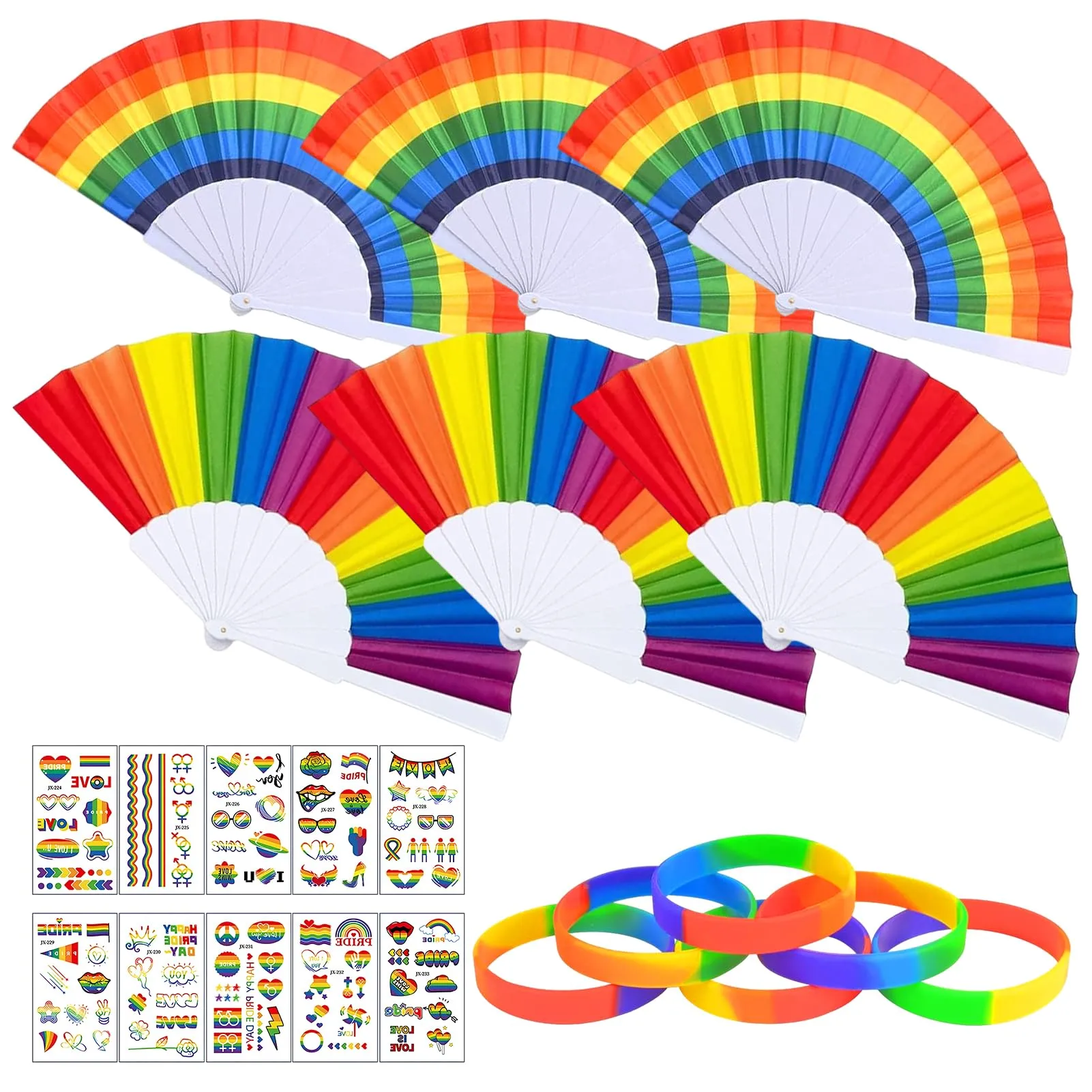 Ourdort Set Arcobaleno 22 Pezzi: 6 Ventagli, 6 Braccialetti e 10 Adesivi per Tatuaggi - immagine 1
