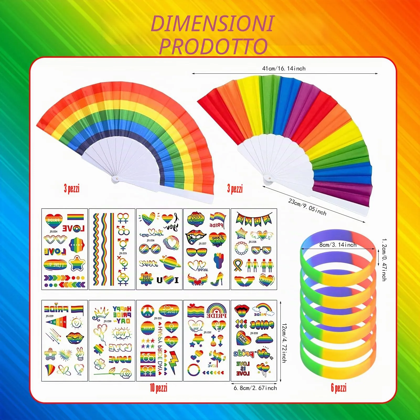 Ourdort Set Arcobaleno 22 Pezzi: 6 Ventagli, 6 Braccialetti e 10 Adesivi per Tatuaggi - immagine 2
