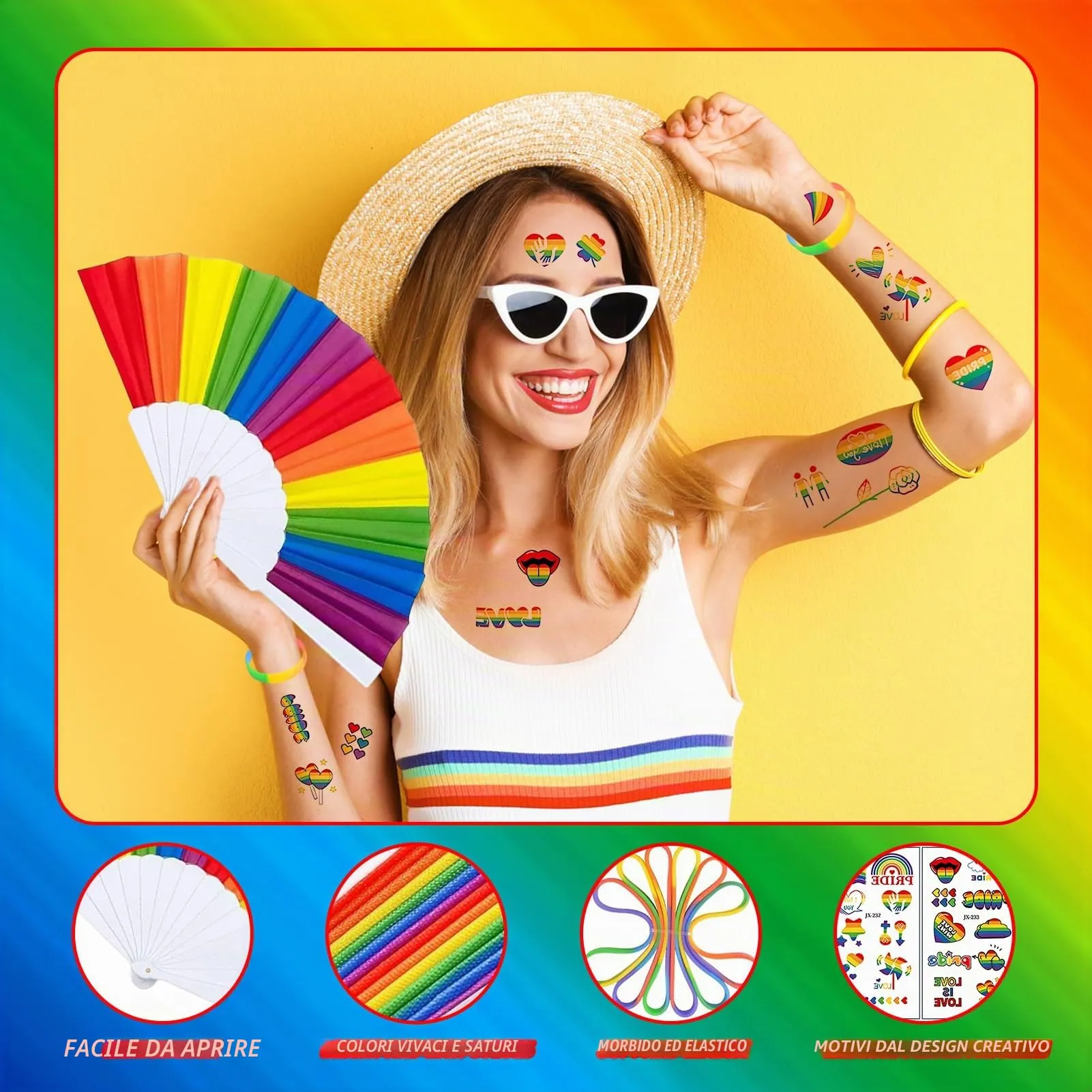Ourdort Set Arcobaleno 22 Pezzi: 6 Ventagli, 6 Braccialetti e 10 Adesivi per Tatuaggi - immagine 3