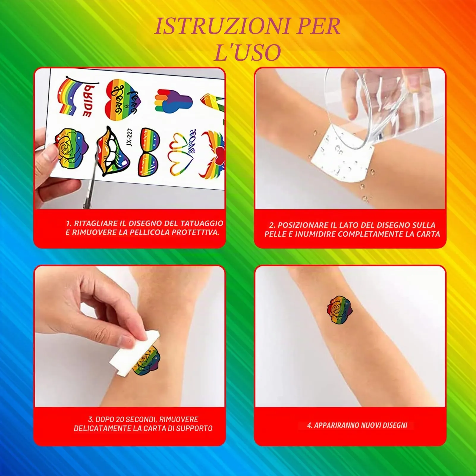 Ourdort Set Arcobaleno 22 Pezzi: 6 Ventagli, 6 Braccialetti e 10 Adesivi per Tatuaggi - immagine 4