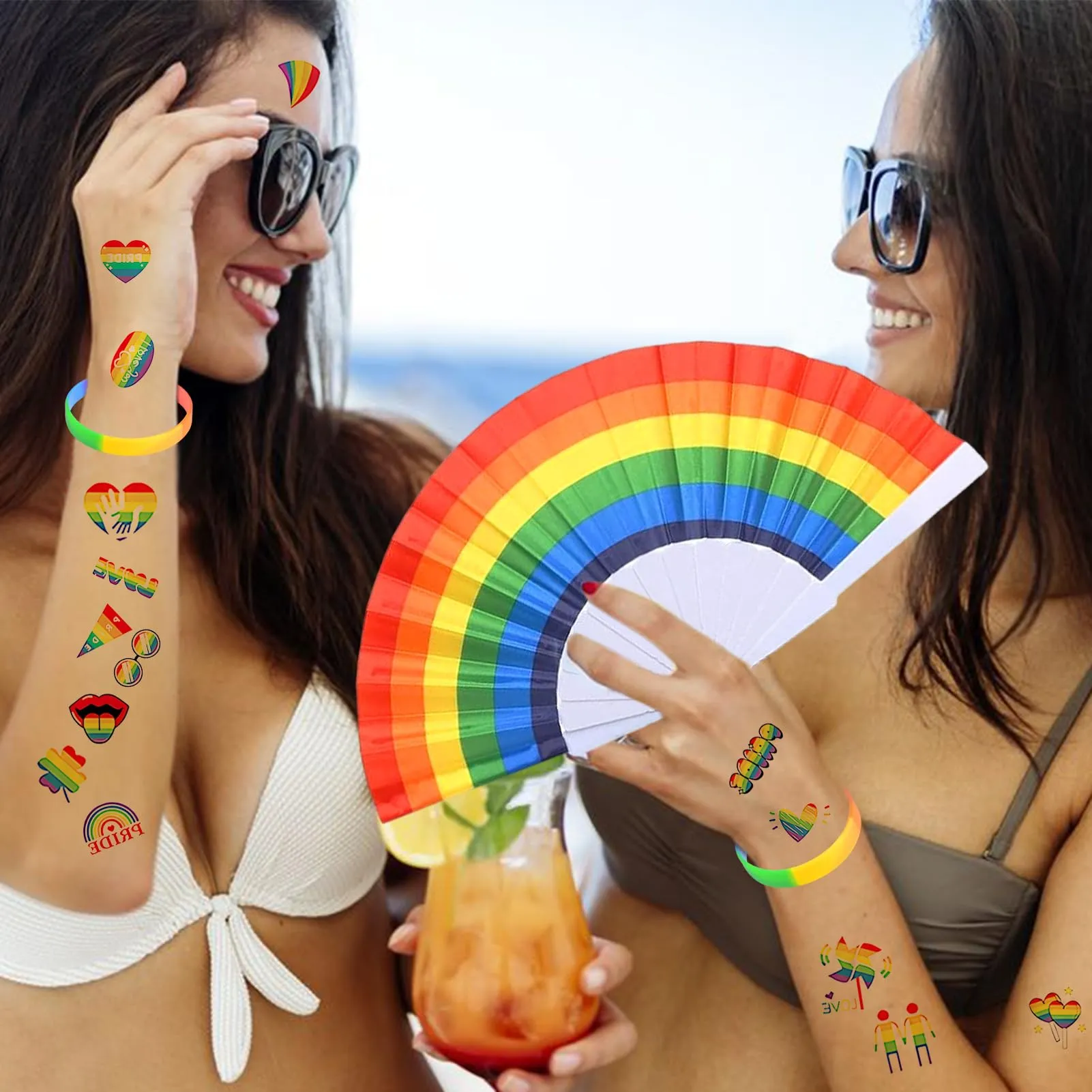 Ourdort Set Arcobaleno 22 Pezzi: 6 Ventagli, 6 Braccialetti e 10 Adesivi per Tatuaggi - immagine 5