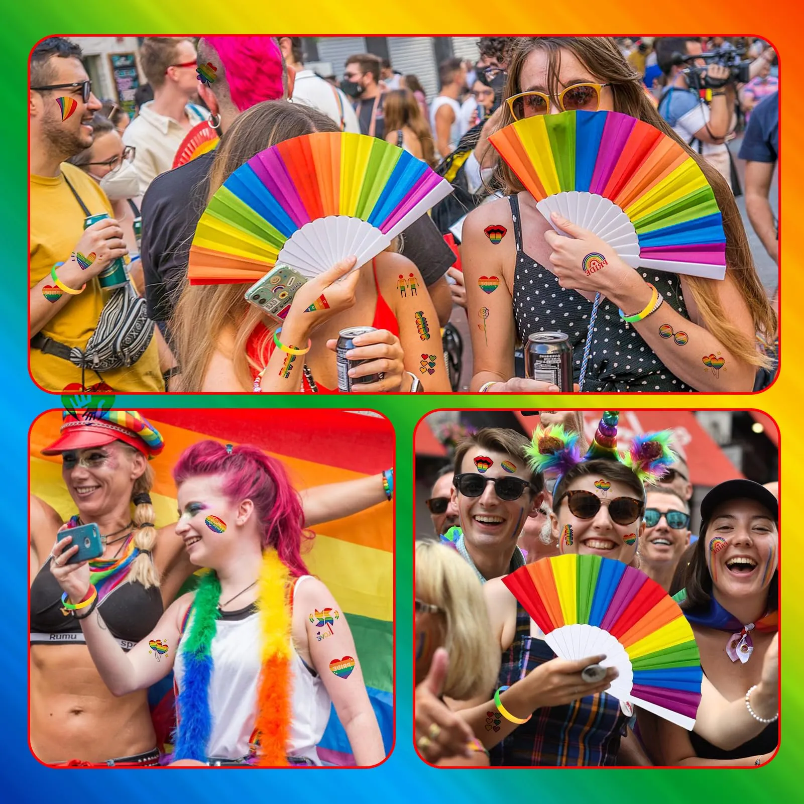 Ourdort Set Arcobaleno 22 Pezzi: 6 Ventagli, 6 Braccialetti e 10 Adesivi per Tatuaggi - immagine 6