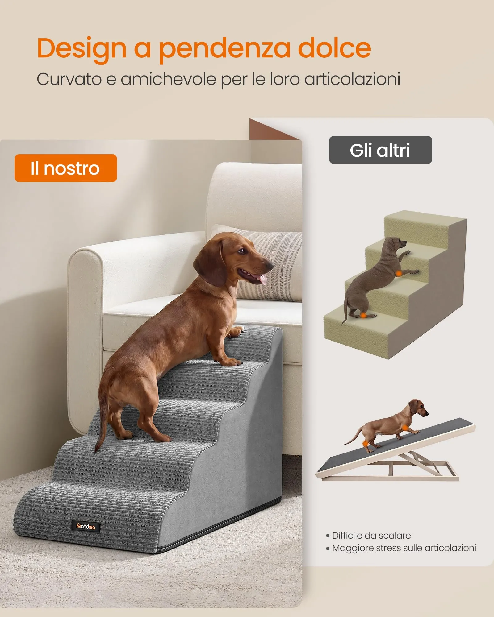 Feandrea Scala a 5 Gradini per Cani, Impermeabile e Antiscivolo, Grigio Tortora - immagine 3