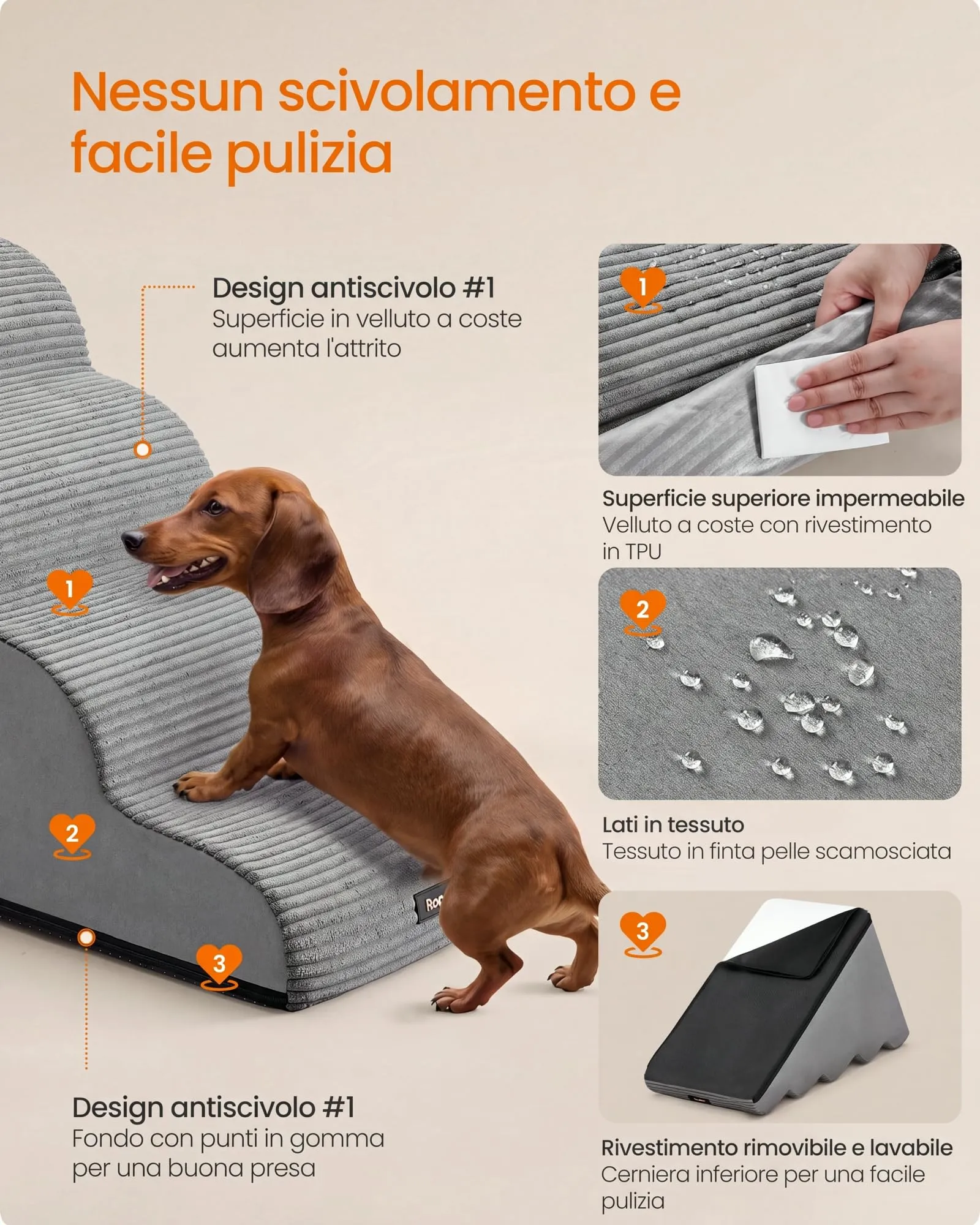 Feandrea Scala a 5 Gradini per Cani, Impermeabile e Antiscivolo, Grigio Tortora - immagine 5