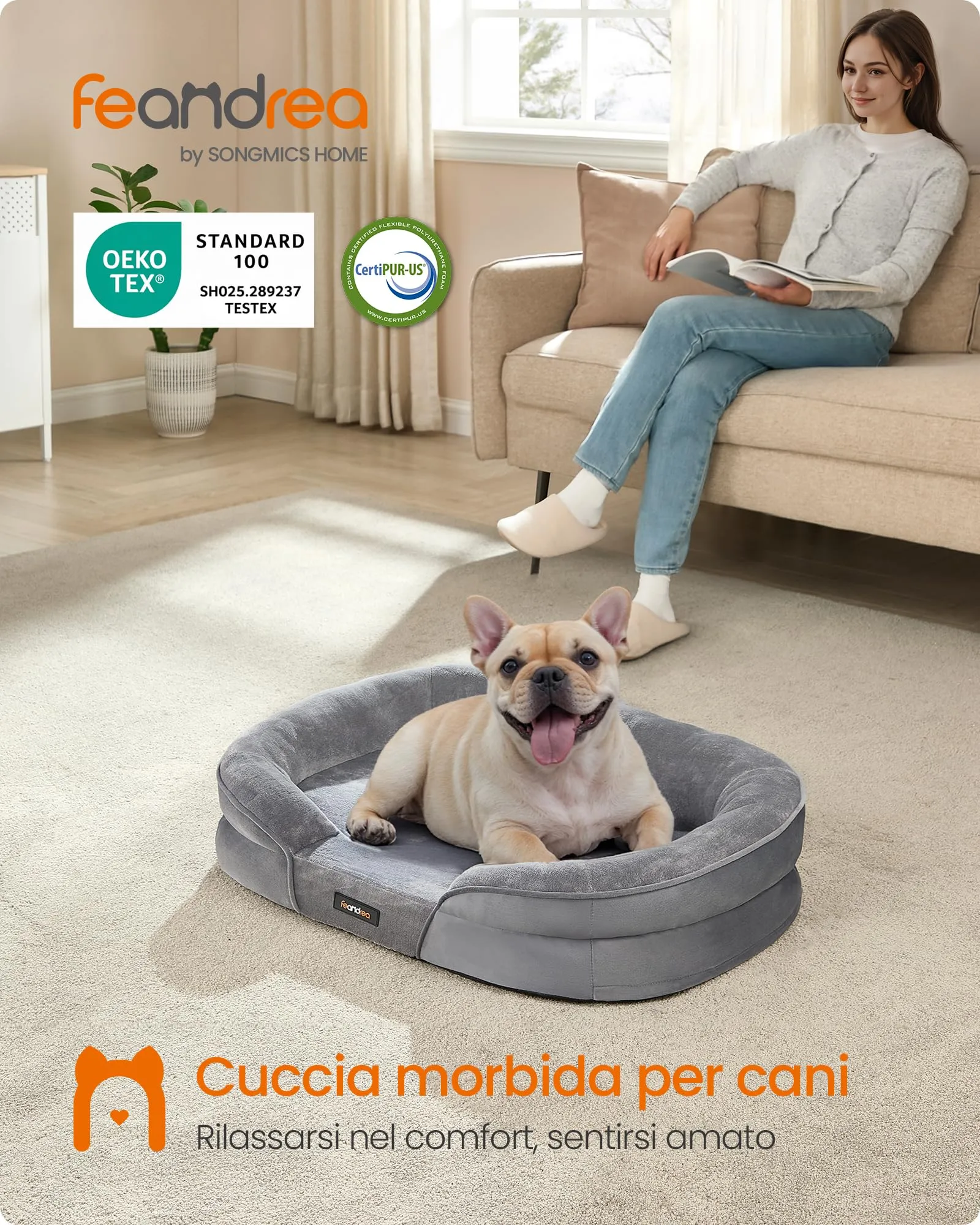 Feandrea Cuccia Ortopedica per Cani di Taglia Media, 76 x 51 x 18 cm, Rivestimento Impermeabile, Grigio Chiaro PGW281G01 - immagine 2