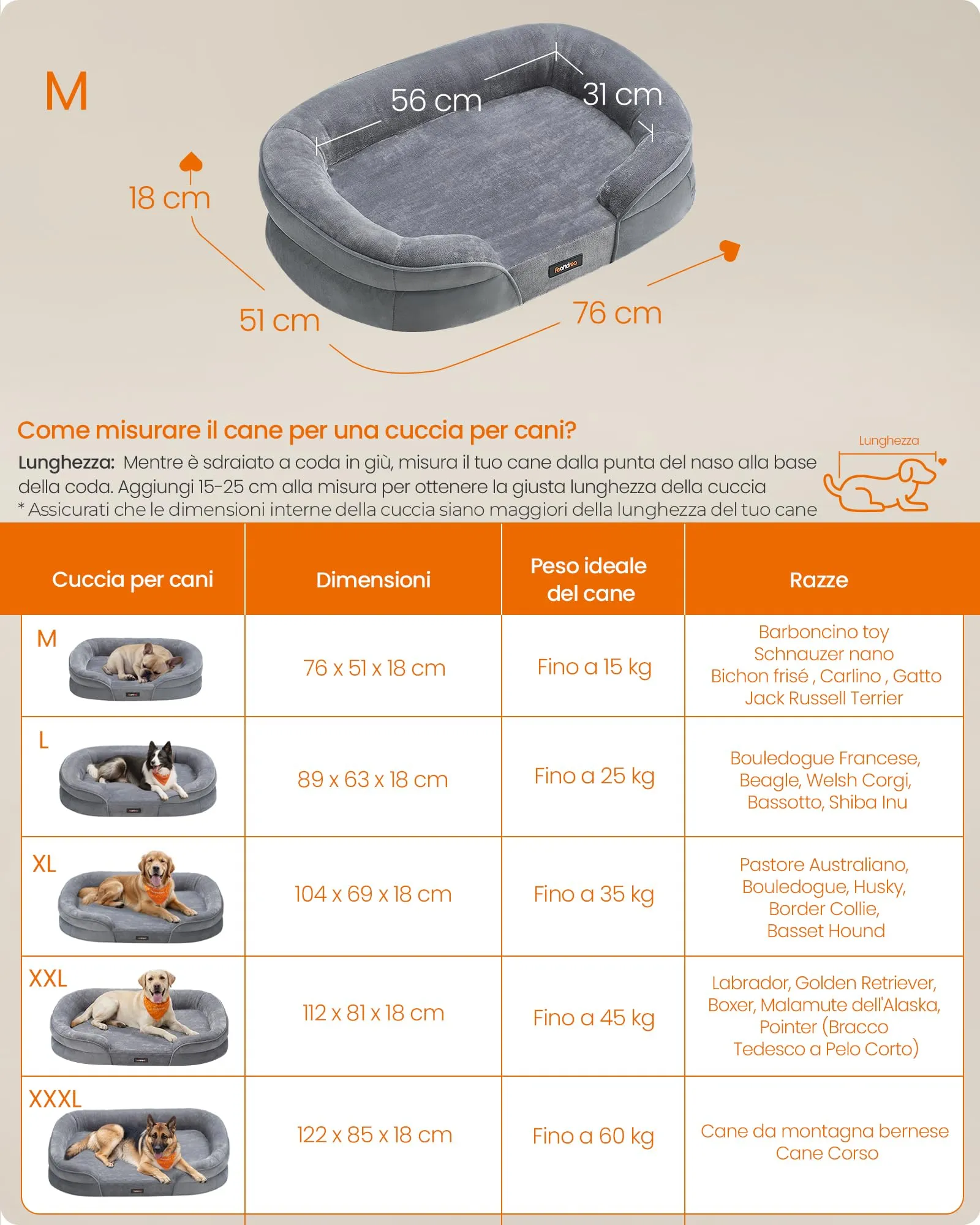 Feandrea Cuccia Ortopedica per Cani di Taglia Media, 76 x 51 x 18 cm, Rivestimento Impermeabile, Grigio Chiaro PGW281G01 - immagine 6