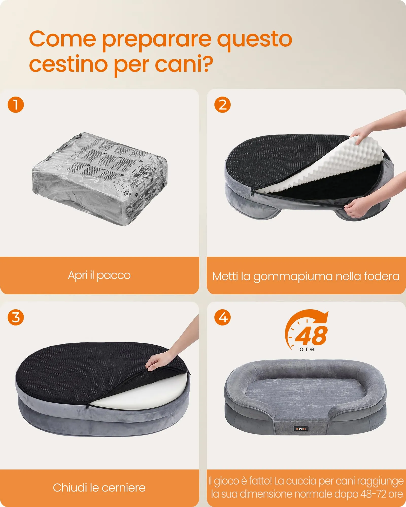 Feandrea Cuccia Ortopedica per Cani di Taglia Media, 76 x 51 x 18 cm, Rivestimento Impermeabile, Grigio Chiaro PGW281G01 - immagine 7