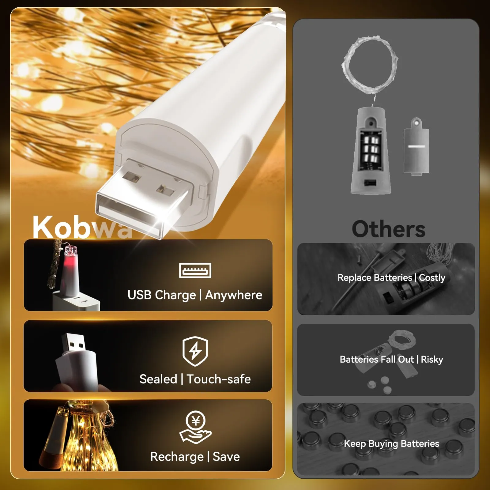 KOBWA Luci per bottiglie con sughero, ricaricabili USB, Bianco Freddo, 3 Pezzi - immagine 3