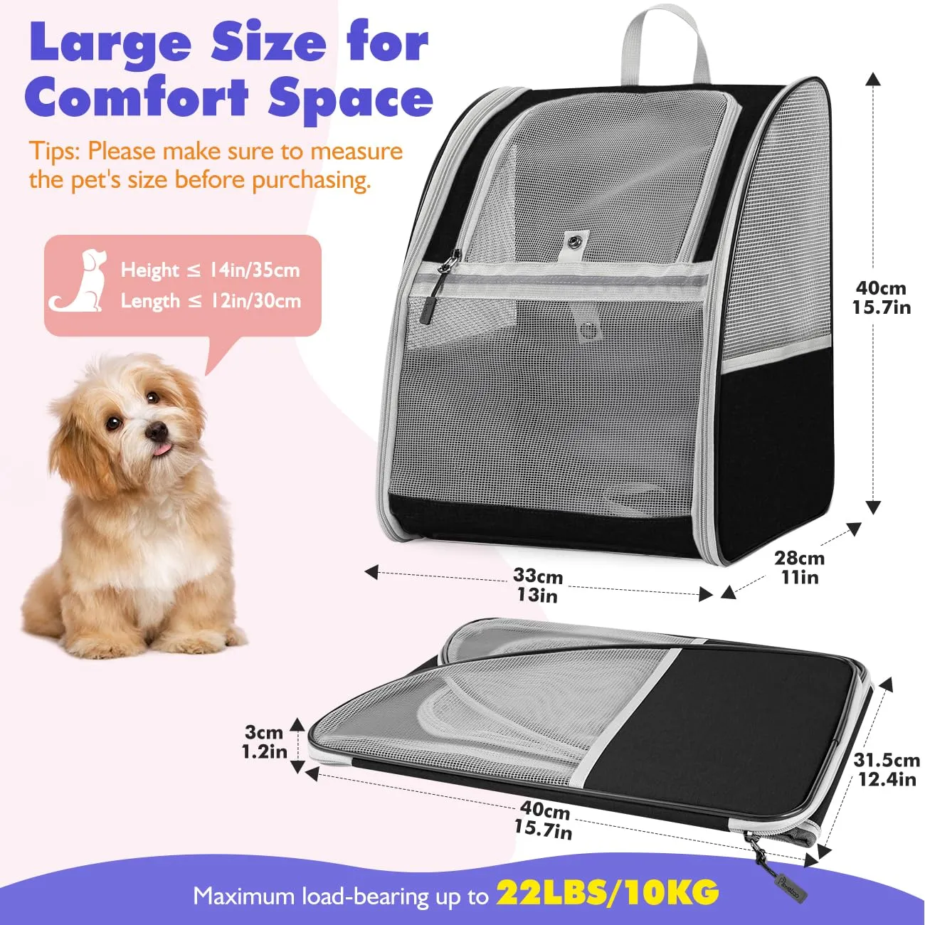 Pawaboo Zaino per Cani e Gatti, Traspirante, Nero, fino a 10 kg - immagine 2