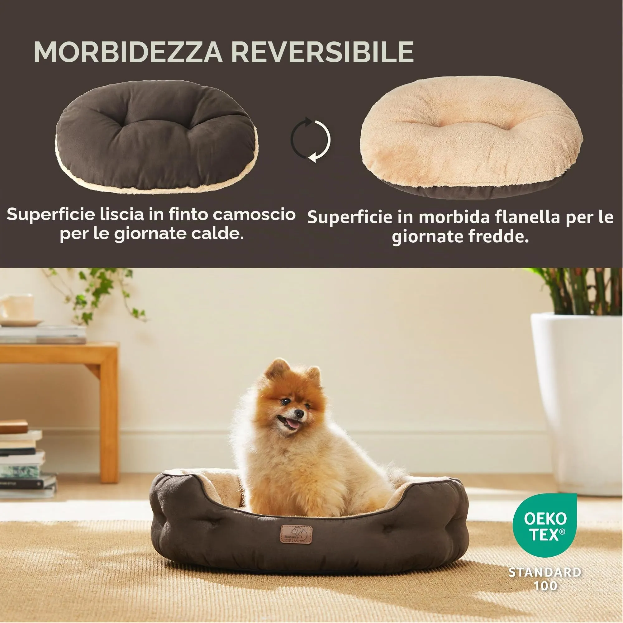 Bedsure Letto per Cani e Gatti, Rotondo con Fondo Antiscivolo, Marrone - immagine 2